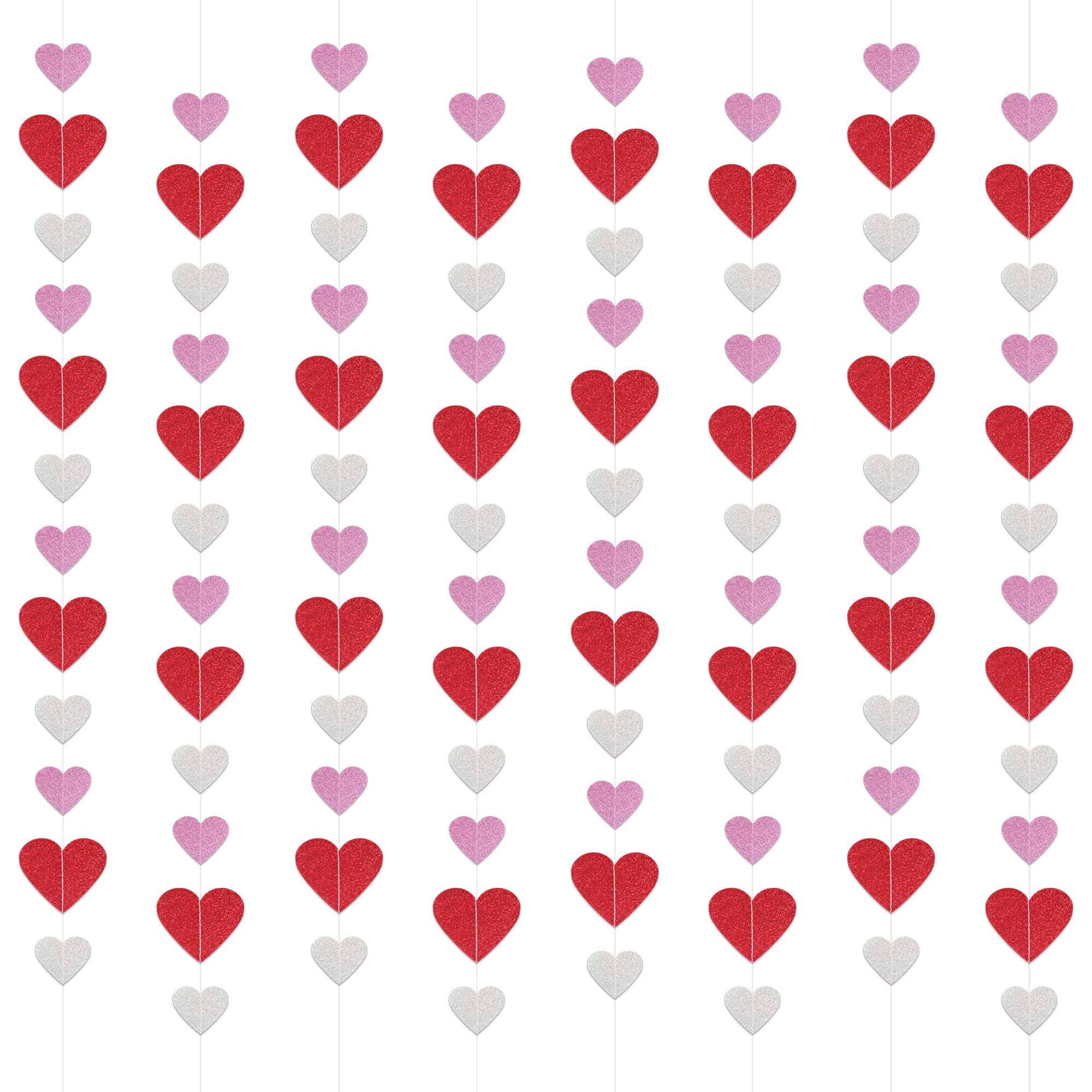 8 Packs Red Pink Silver Glitter Heart Garland String - Valentine's Day Decorations for Home, Mantle, Wedding, Anniversary & Birthday Party - Romantic Heart Banner for Wall, Ceiling, Door & Photo Backdrop