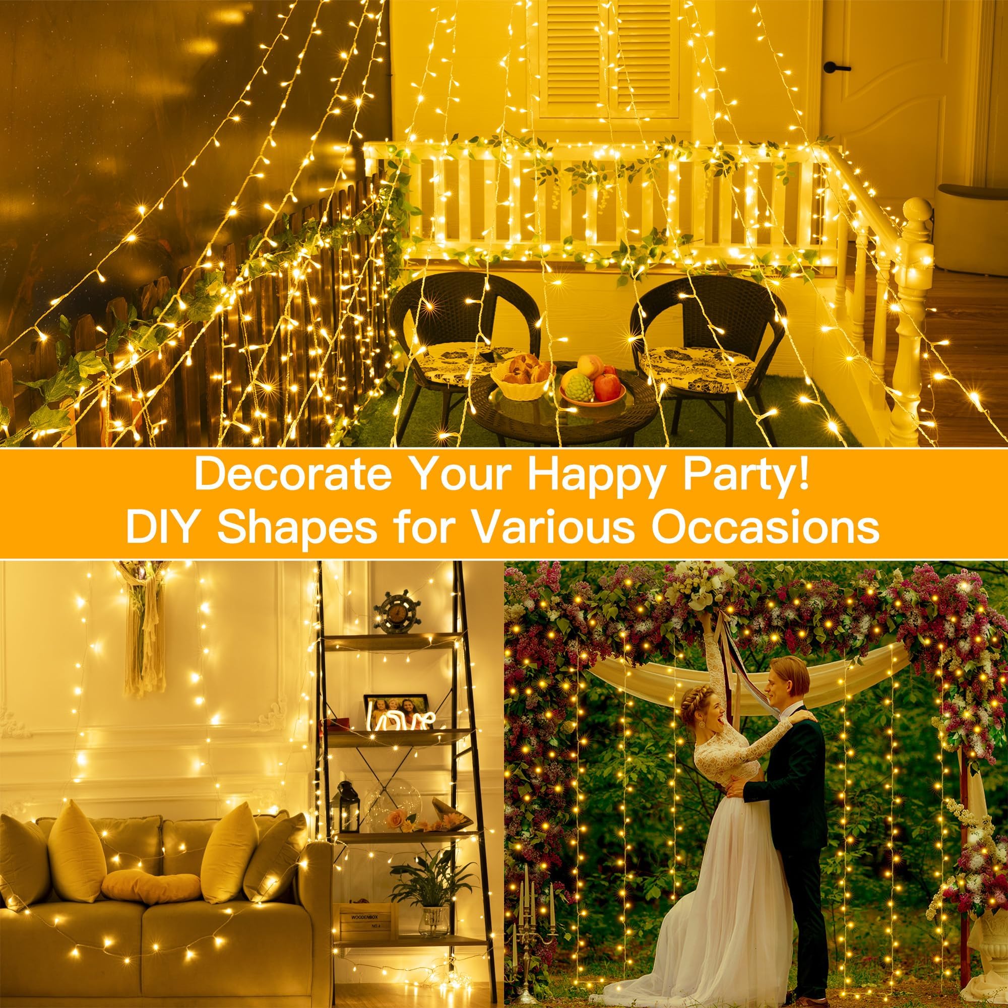 Ollny 60m 600 LED Fairy Lights Outdoor String Lights - Waterproof, Warm White, with Plug/Timer/8 Modes/Dimmable - Perfect for Garden, Wedding, Window, Indoor & Outdoor Decorations