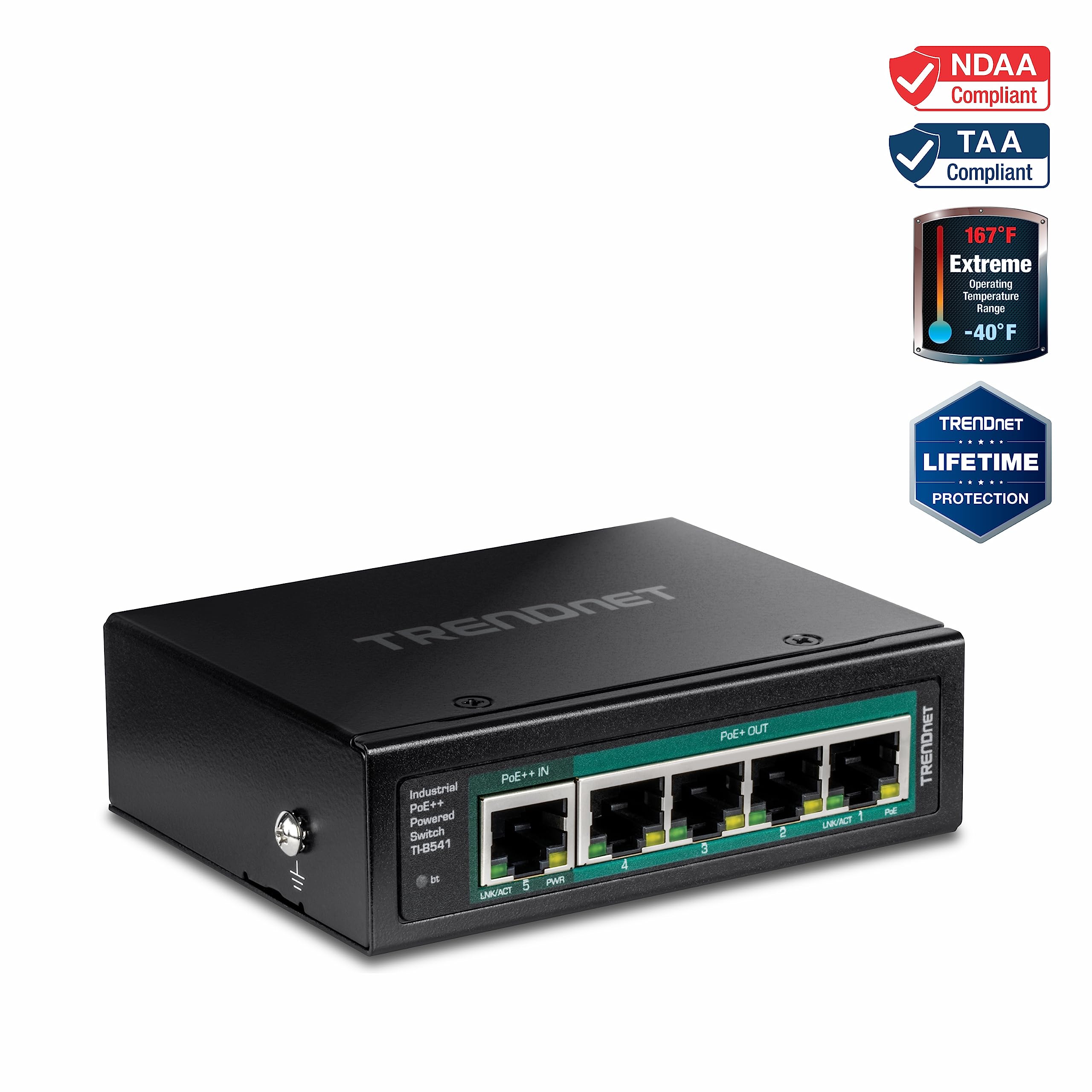 TRENDnet TI-B541 5-Port Industrial Gigabit PoE++ DIN-Rail Switch with PoE Pass-Through & Lifetime Protection - Black | Perfect for Factory Automation, Smart Buildings & Harsh Environments