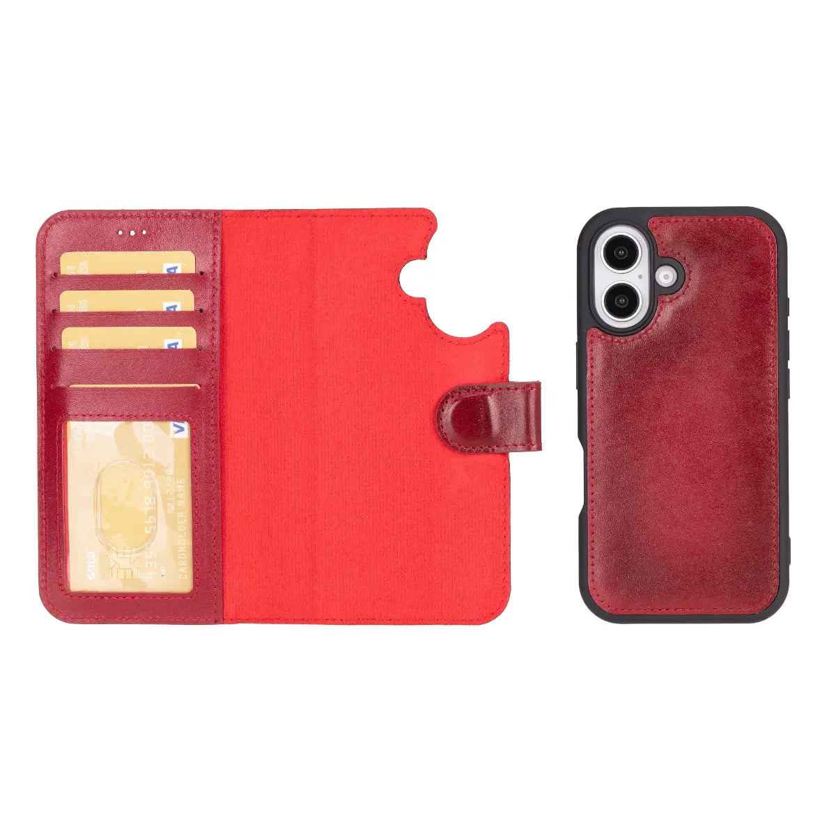 Premium Burnished Red Leather Wallet Case for iPhone 16 (2024 Model) - Slim Protective Cover with Card Slots | Perfect for Everyday Use, Travel & Business