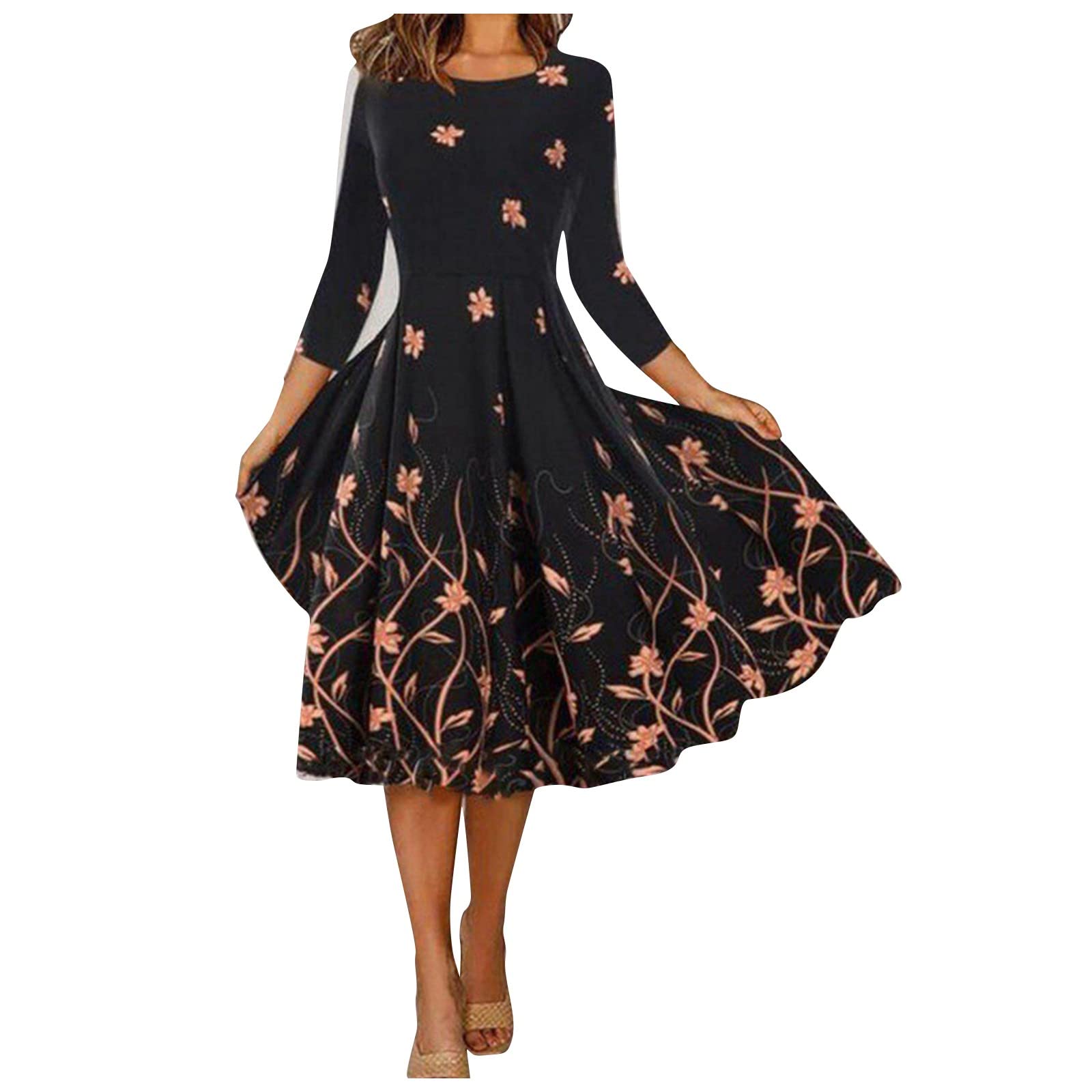 Vintage Floral Swing Dress for Women - 3/4 Sleeve Casual Midi Dress with Flared Skirt | Perfect for Parties, Weddings & Everyday Wear