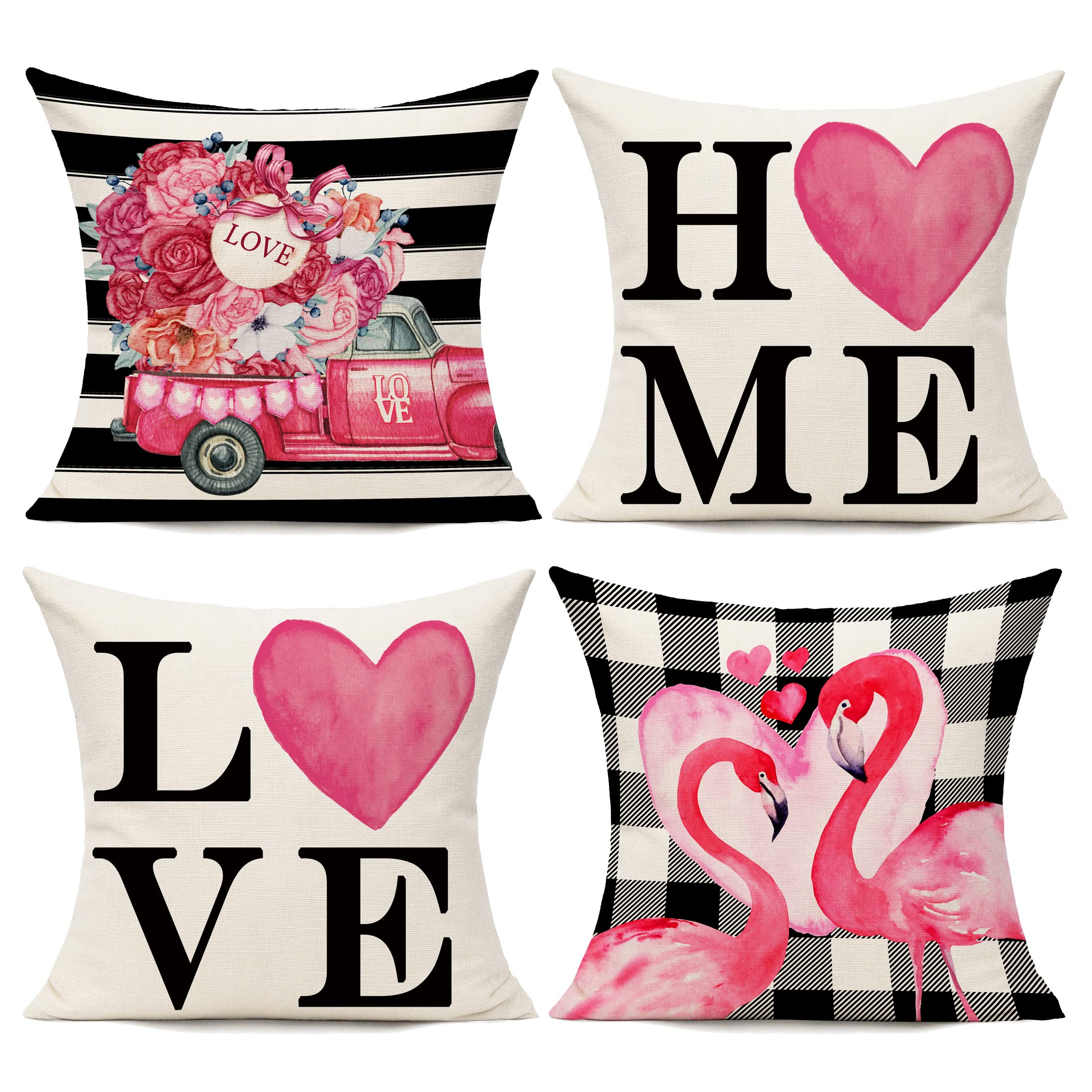 VAKADO 20x20 Inch Set of 4 Valentine's Day Pillow Covers - Flamingo & Buffalo Plaid Love Heart Truck Design - Decorative Throw Pillow Cases for Couch, Sofa, Bedroom, Patio - Perfect for Valentine's Decor & Romantic Home Accents