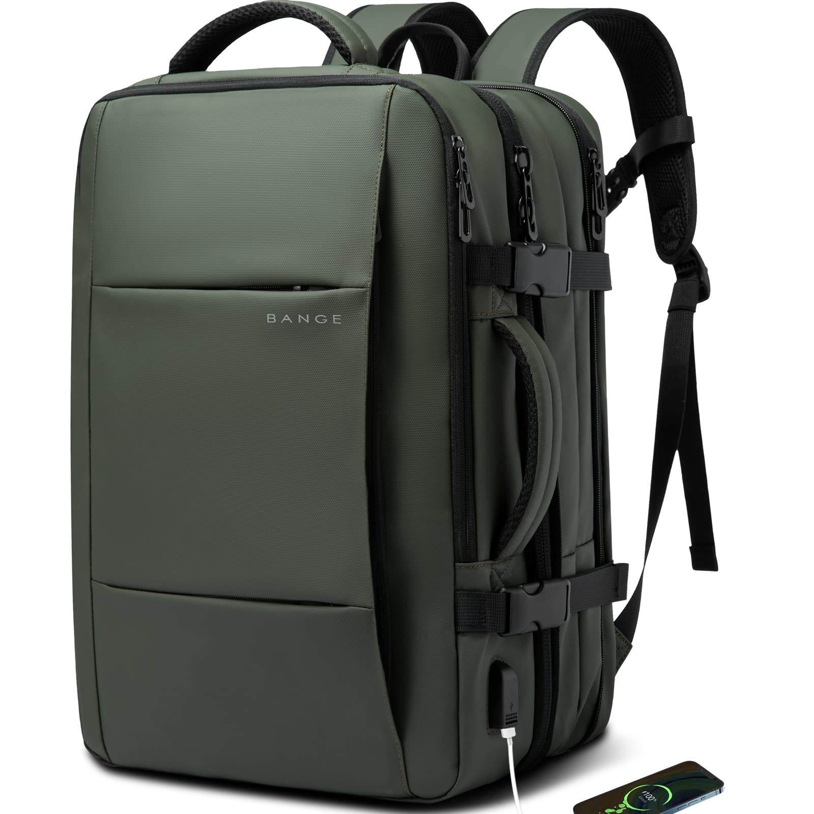 BANGE Expandable Travel Backpack 35L - Airline Approved Carry On Backpack for Women & Men, Waterproof Gym Backpack with Laptop Compartment - Perfect for Business Travel, Hiking & Daily Commute