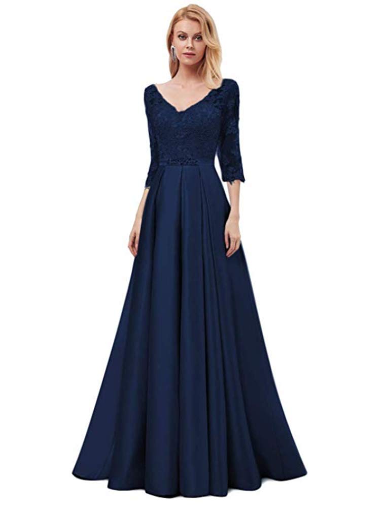 Elegant Navy Blue A-Line V-Neck Bridesmaid Dress with 3/4 Sleeves for Weddings, Evening Parties & Formal Events - Perfect for Bridesmaids, Prom & Special Occasions