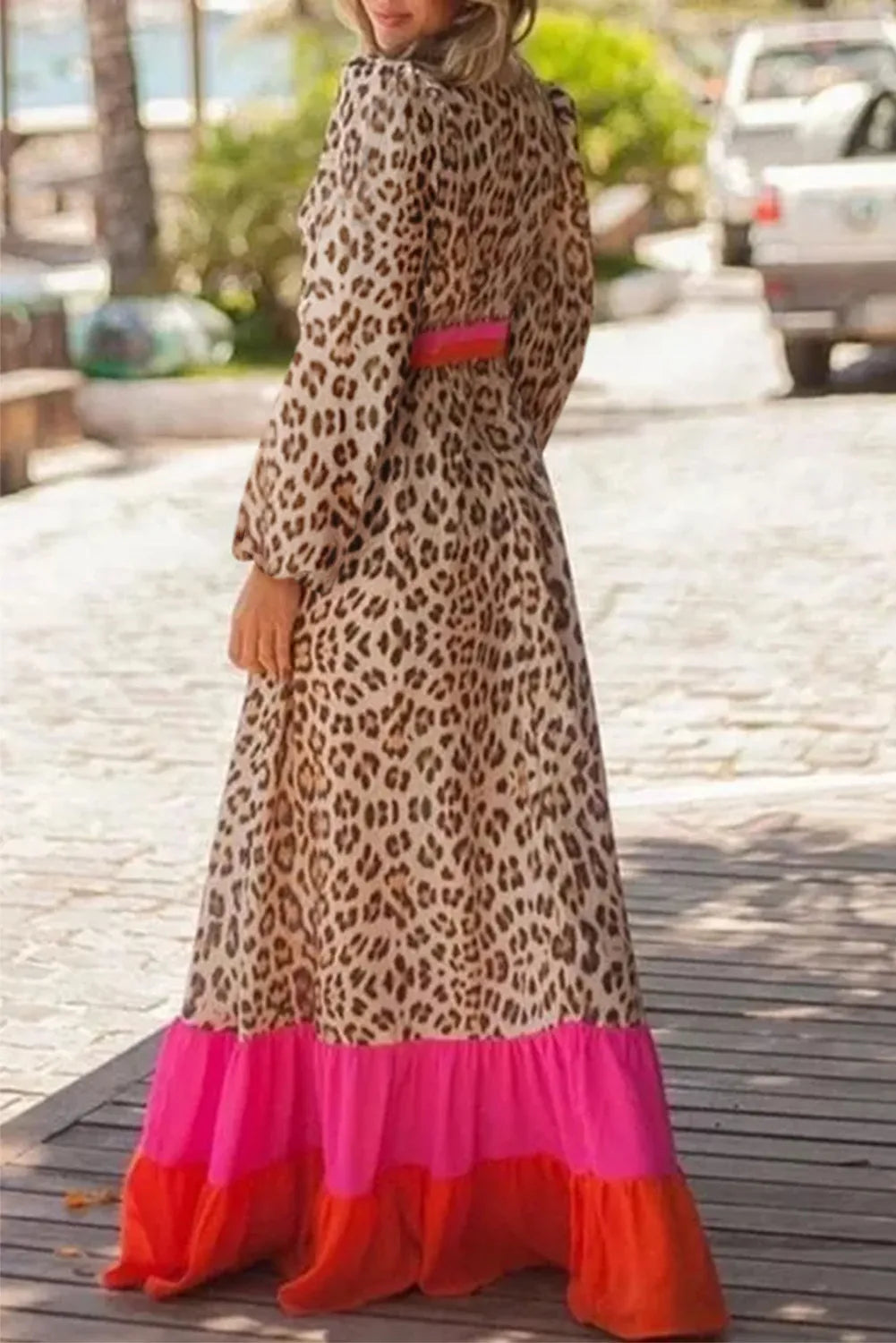 Leopard Print V-Neck Long Sleeve Maxi Beach Dress for Women - Flowy Summer Cover Up, Boho Chic Swimwear Cover Dress for Vacations, Pool Parties & Beach Getaways