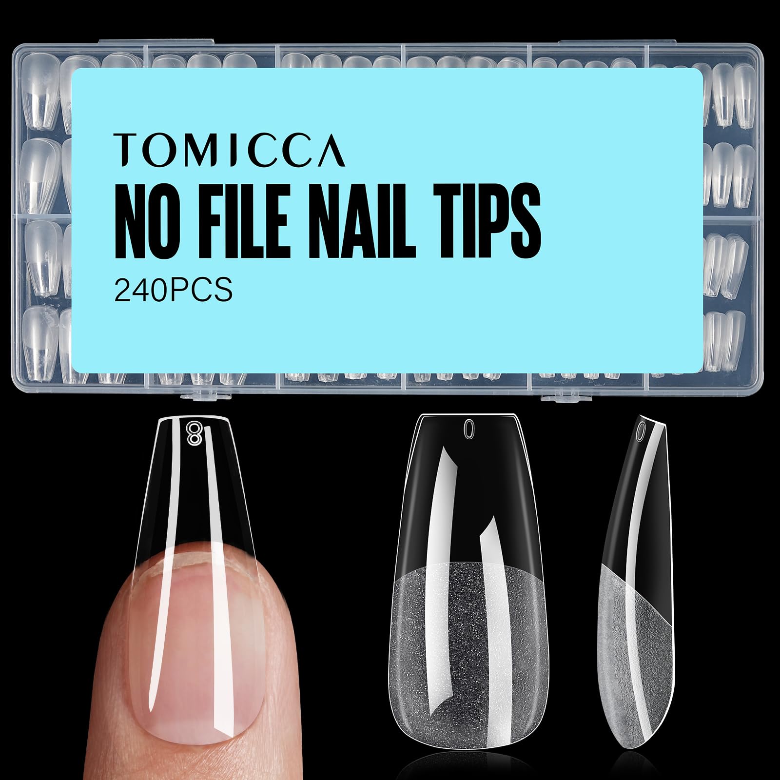 TOMICCA Medium Coffin Nail Tips - 240Pcs Half Matte Soft Gel False Nails with 12 Sizes for Acrylic Extensions | DIY Nail Art Kit for Beginners & Professionals | Perfect for Home Manicures, Salon Use & Special Occasions