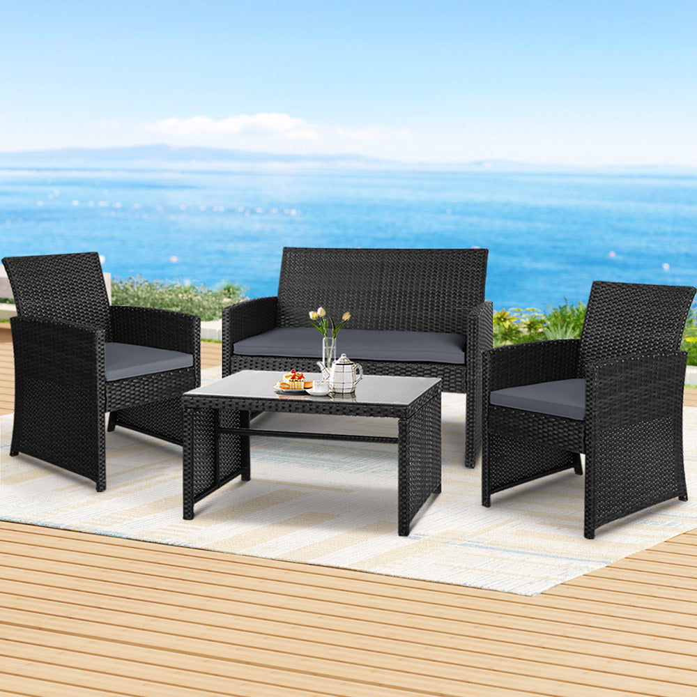4-Piece Outdoor Rattan Sofa Set with Table - Black Patio Garden Furniture for Backyard, Poolside & Terrace Relaxation