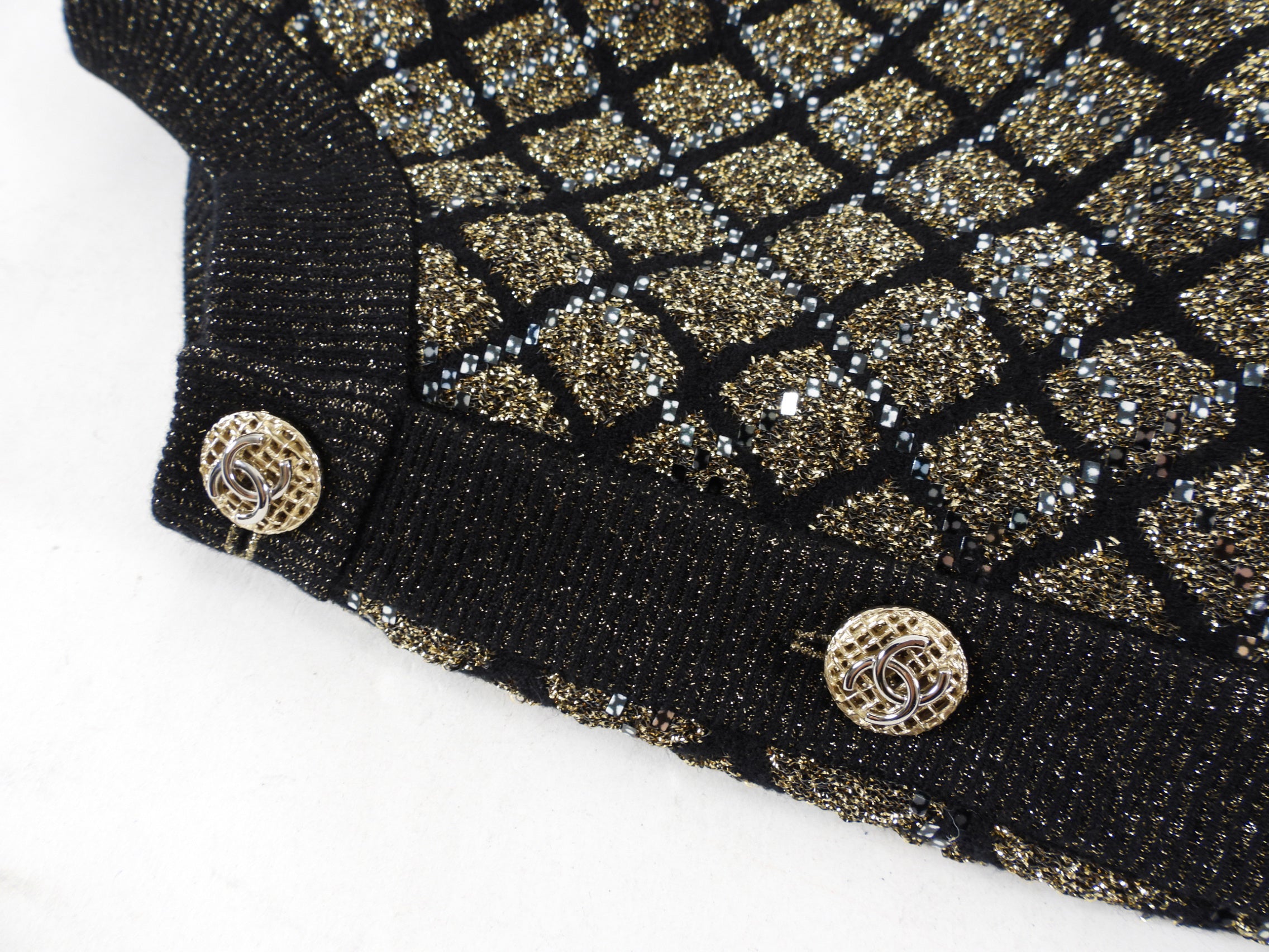 Chanel 20A Black & Gold Shimmer Knit Cardigan Sweater Women's Size FR38 - Perfect for Evening Parties & Luxury Fashion Outfits