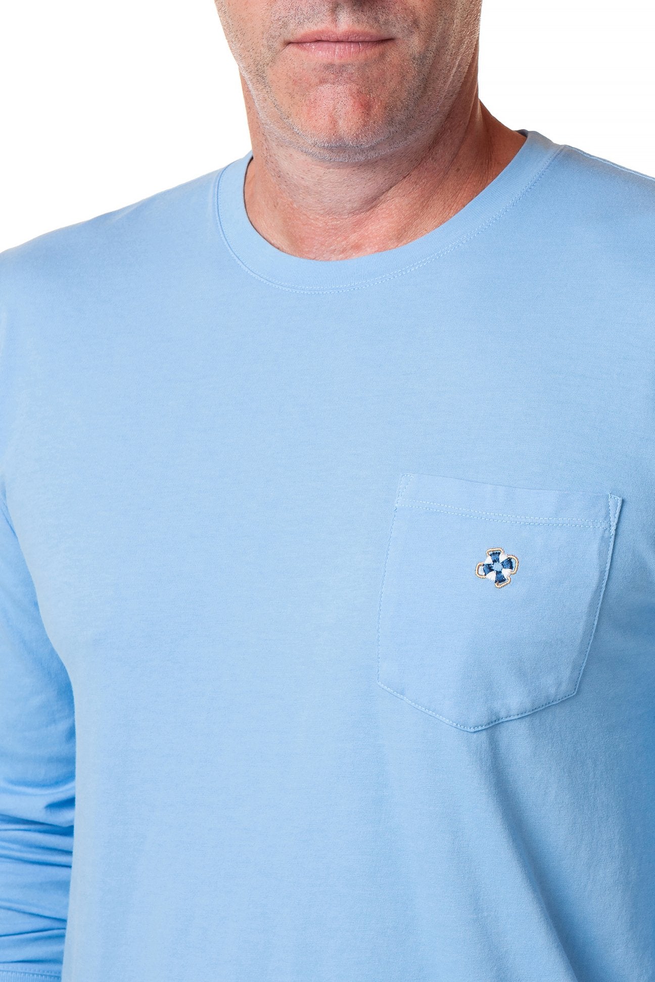 Men's Long Sleeve Beach T-Shirt - Soft Cotton Casual Shirt in Azure Blue for Summer Vacation, Surfing & Coastal Getaways