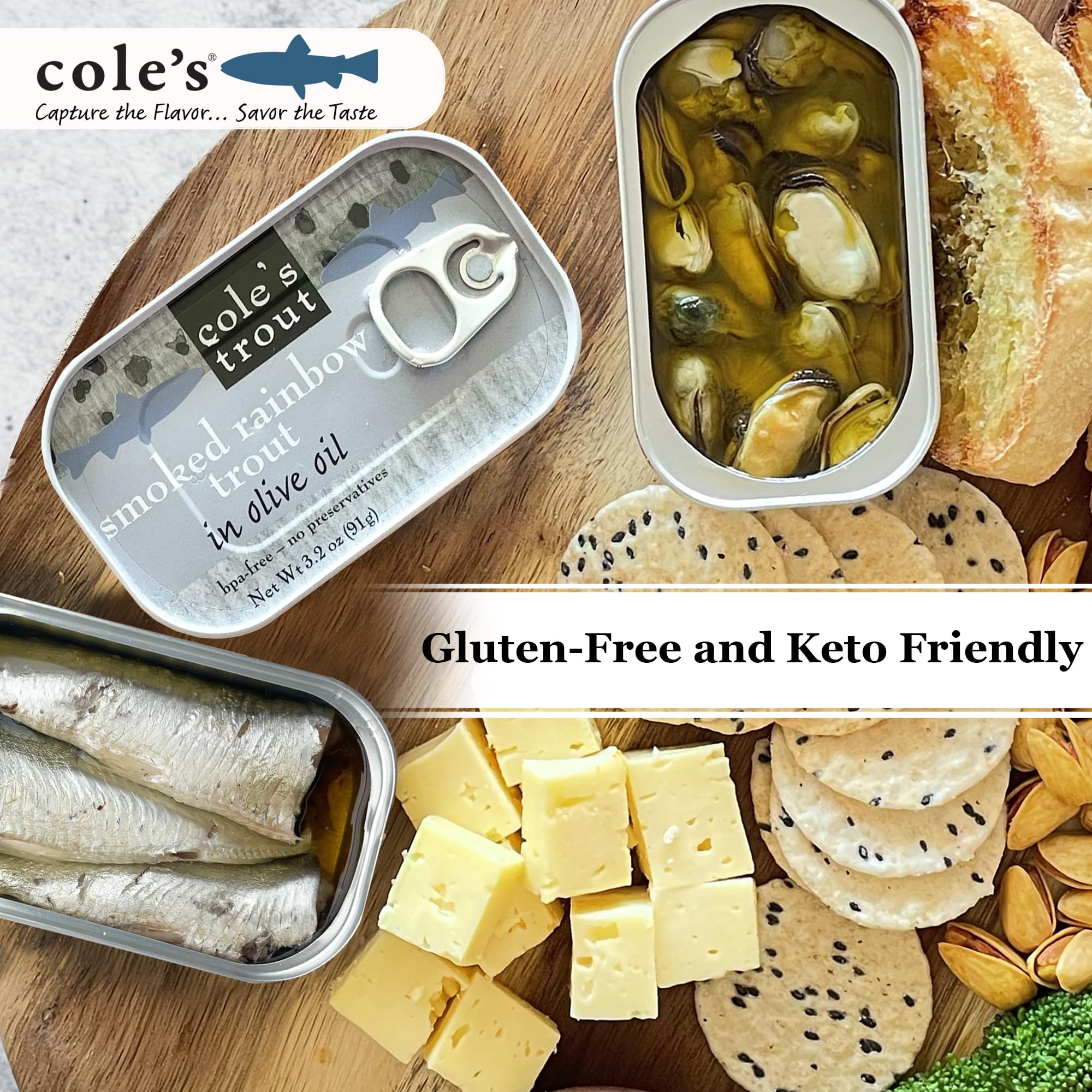 Cole's Patagonian Smoked Mussels in Lemon & Garlic Olive Oil | 4oz Canned Seafood | High Protein (14g per Can) | Pack of 5 | Perfect for Salads, Pasta & Charcuterie Boards