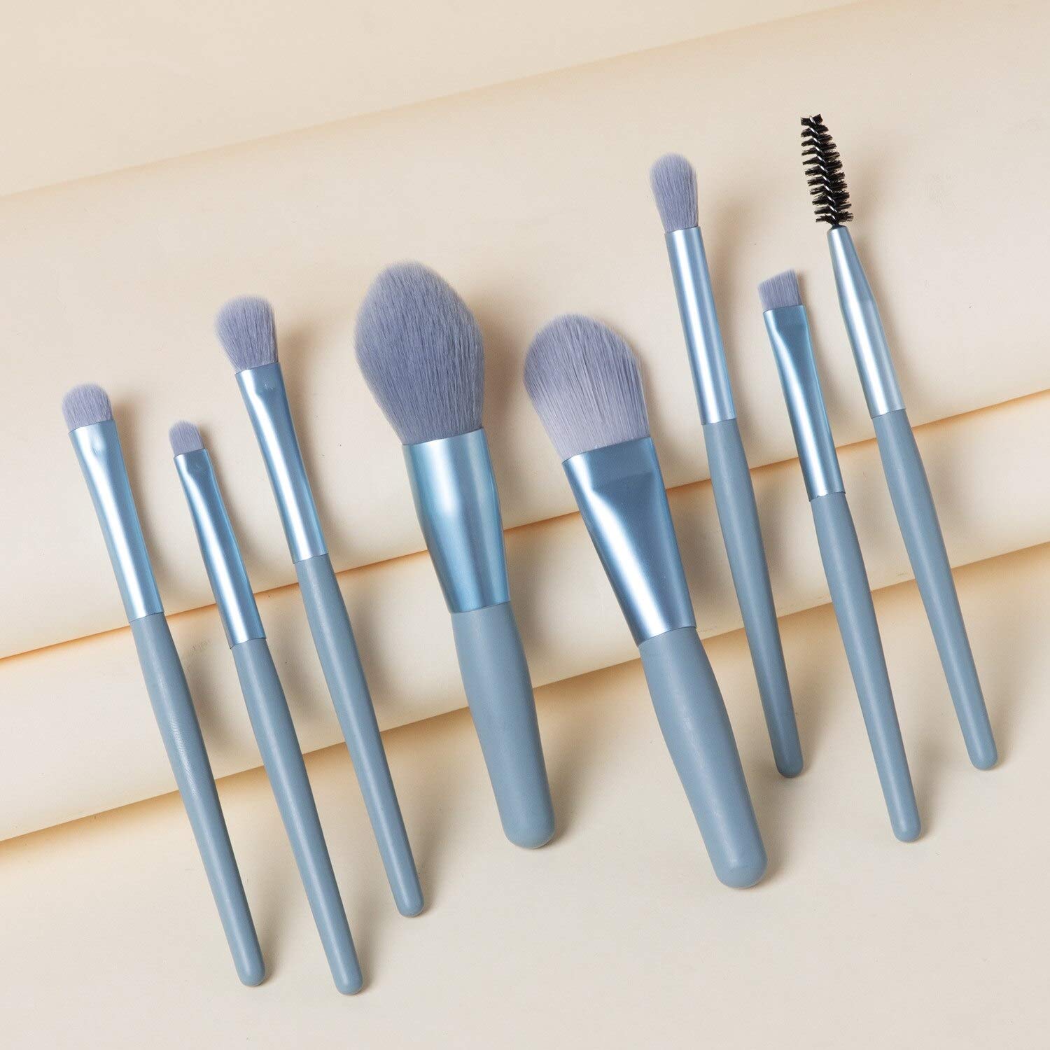 8-Piece Mini Pro Makeup Brush Set with Matte Wooden Handle - Soft Bristles & Portable Travel Case (Blue) - Perfect for Foundation, Blending, Contouring & On-the-Go Touchups