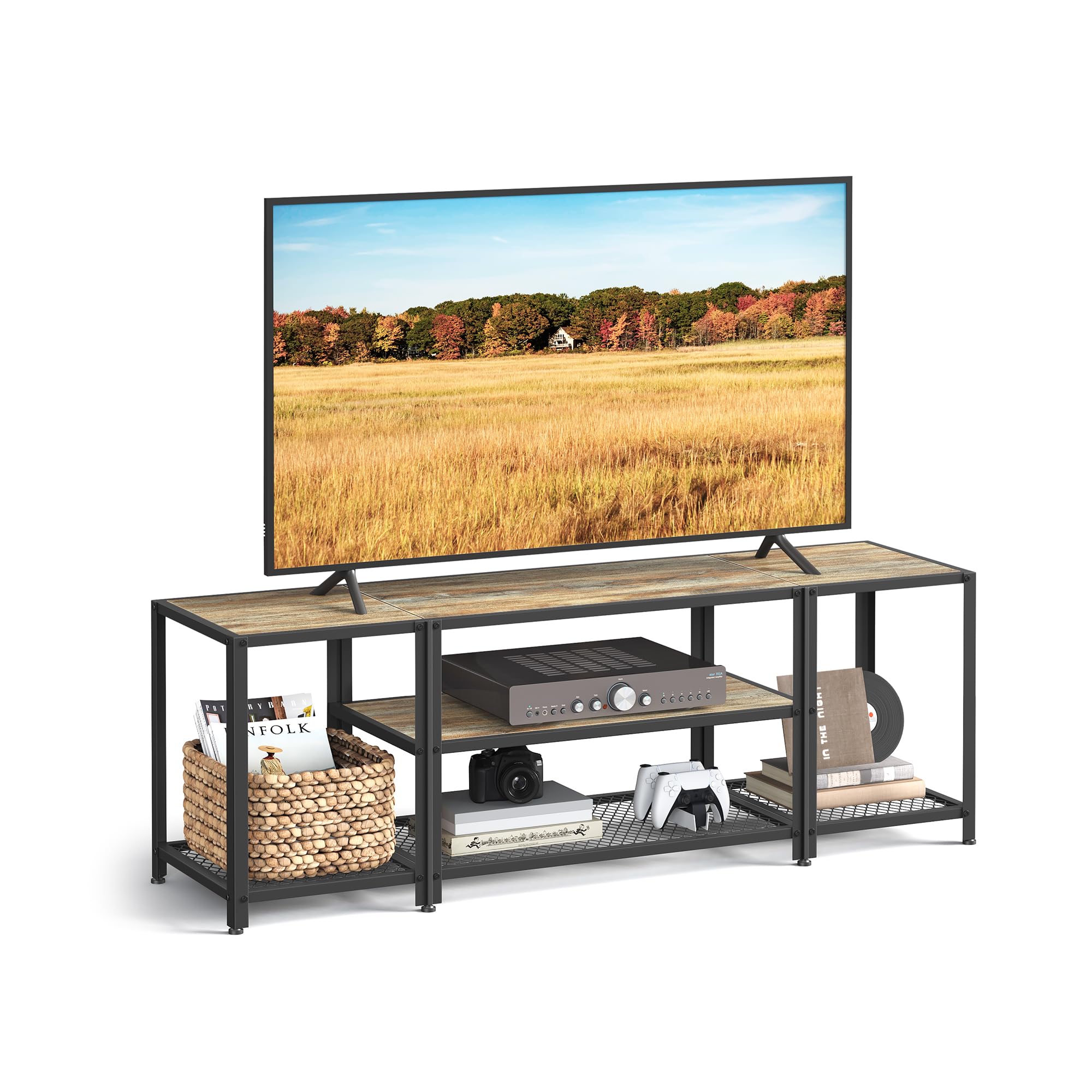 VASAGLE 65 Inch Modern TV Stand with 3-Tier Open Shelves, Industrial Style Entertainment Center TV Console Table - Turquoise Brown & Black ULTV097B60 for Living Room, Bedroom, Home Theater & Gaming Setup