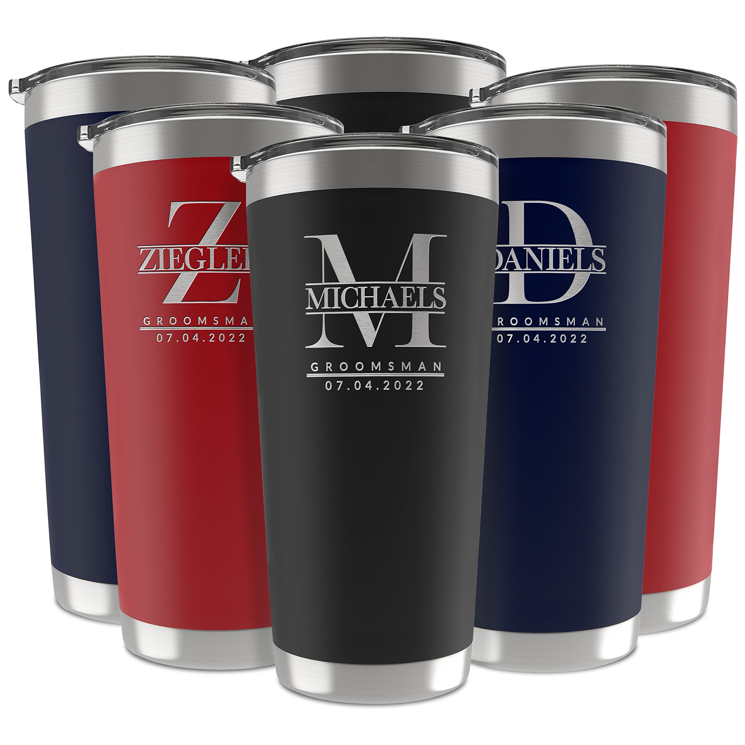 Personalized Groomsmen Gifts Set of 6 - 20oz/30oz Engraved Stainless Steel Tumblers with Custom Names & Titles - Double Wall Insulated - 3 Color Options - Perfect for Weddings, Bachelor Parties & Proposal Gifts (UNITED CRAFT SUPPLIES D6)