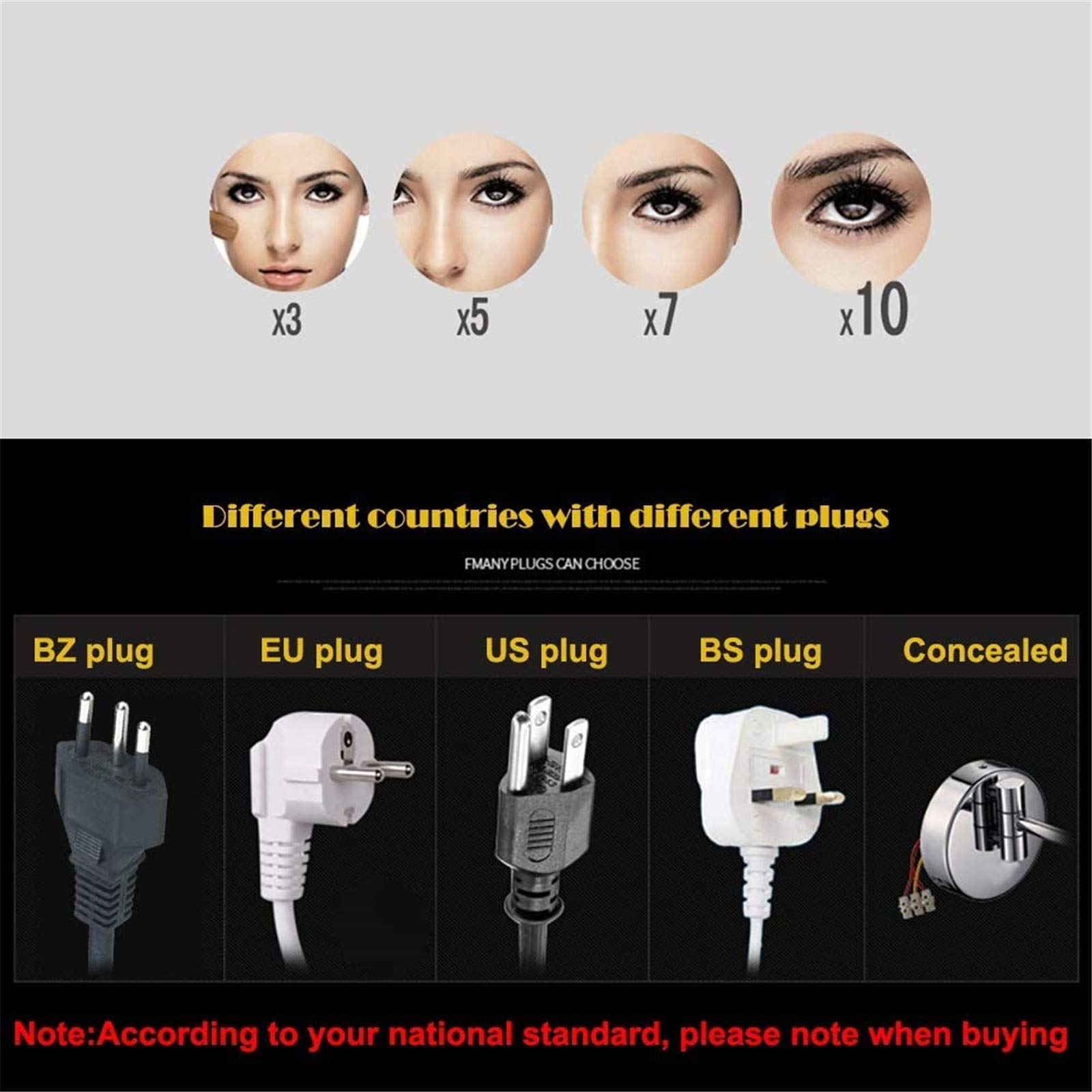 8 Inch Gold Standing LED Makeup Mirror with Light - 3X/5X/7X/10X Magnification, Brass Countertop Vanity Mirror with Touch Switch & Plug - Perfect for Shaving, Cosmetics & Grooming