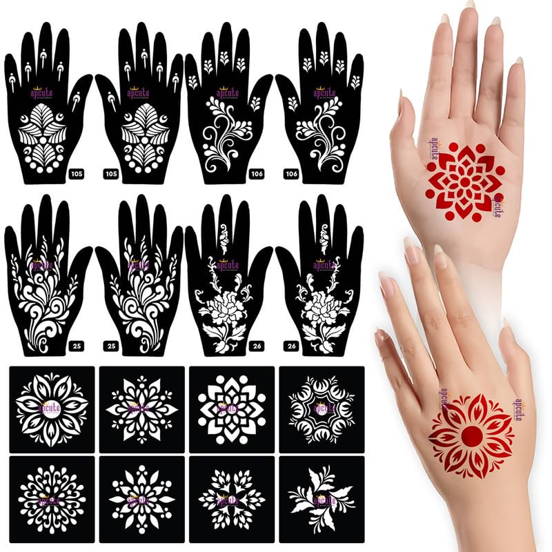 Apcute 18-Piece Henna Tattoo Stencil Kit for Hands & Feet - Easy DIY Mehndi Design Stickers for Women, Girls & Kids - Quick Application & Reusable (18PC-105-106-25-26) - Perfect for Weddings, Festivals & Parties