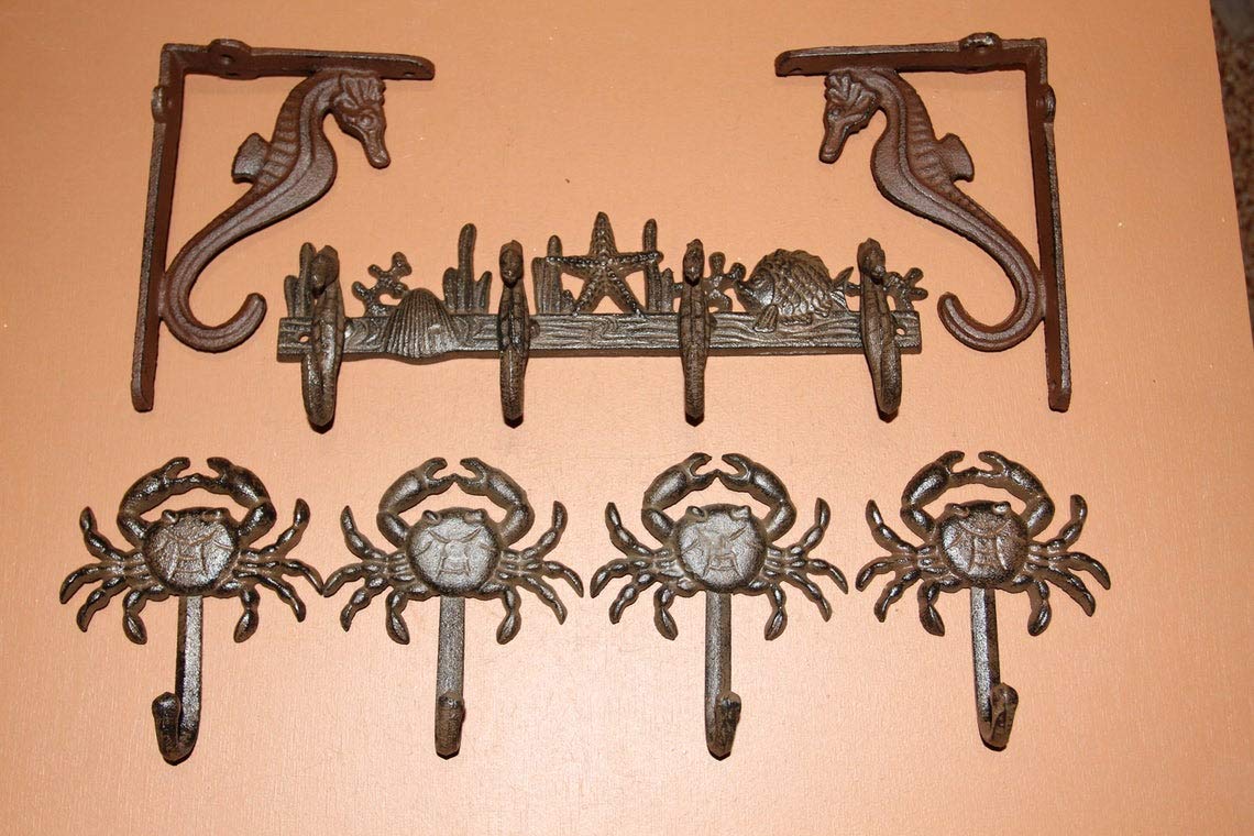 Rustic Coastal Wall Decor - Seahorse Coat Rack & Crab Wall Hooks Set (7-Piece Brown Cast Iron Bundle) for Beach House, Bathroom, or Entryway Organization