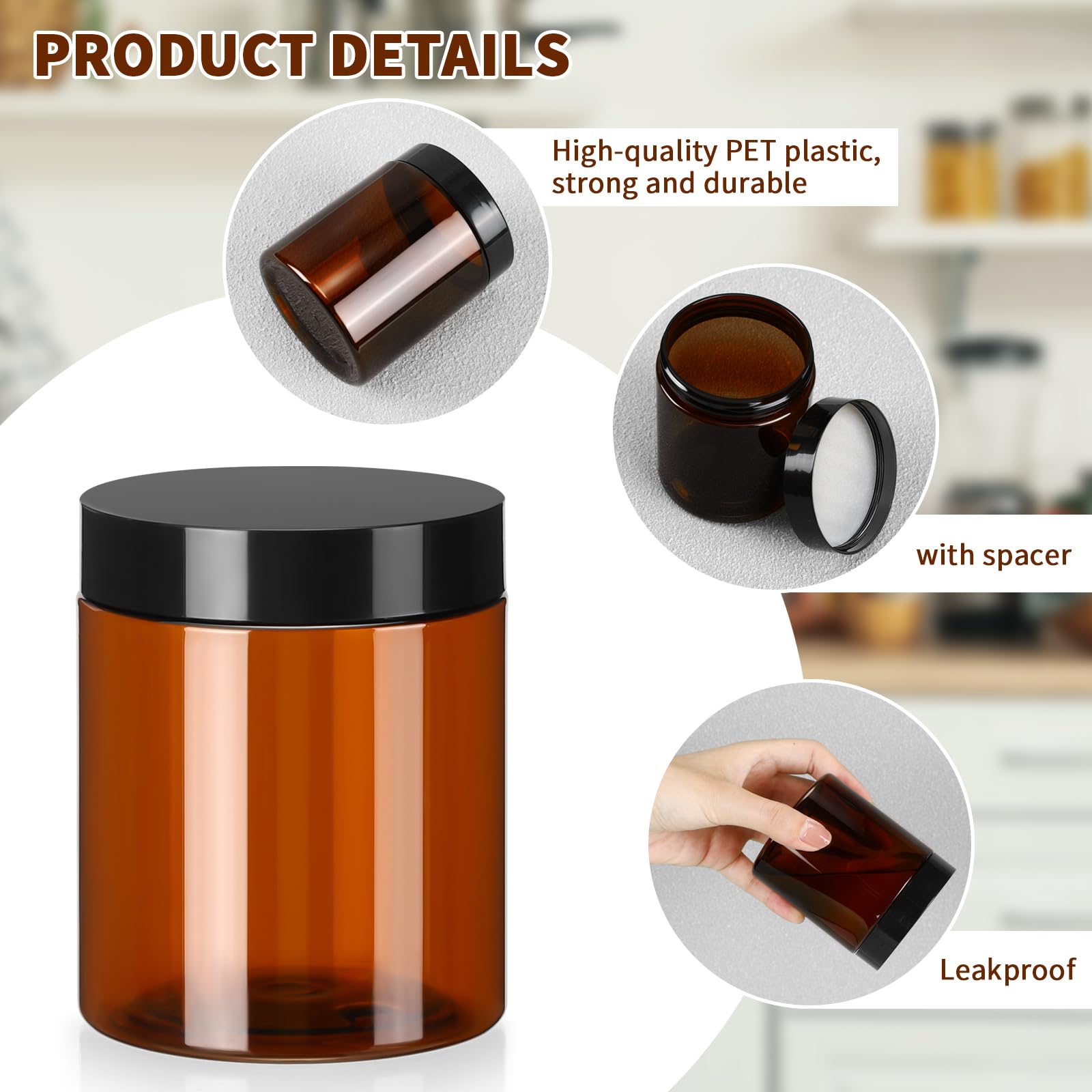 Tanlade 40-Pack 8 oz Amber Plastic Jars with Airtight Lids - Round Refillable Cosmetic Containers for Powder, Liquid, Food Storage | Perfect for DIY Beauty, Spice Organization, Essential Oils & Kitchen Pantry