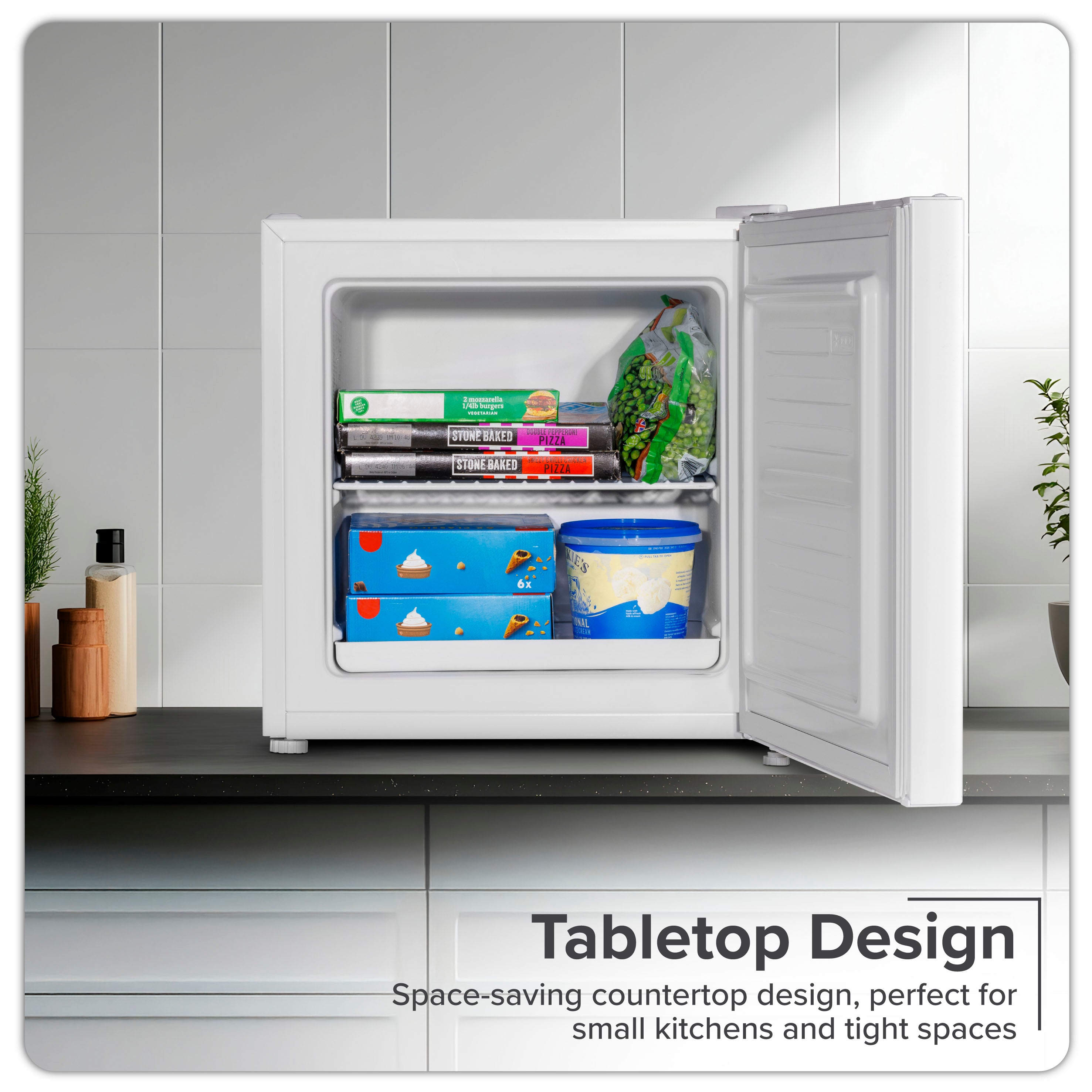 Baridi 31L Mini Tabletop Fridge Freezer with Reversible Door - Compact White Refrigerator for Bedroom, Office, Dorm & Small Spaces - Perfect for Drinks, Snacks & Beauty Products Storage