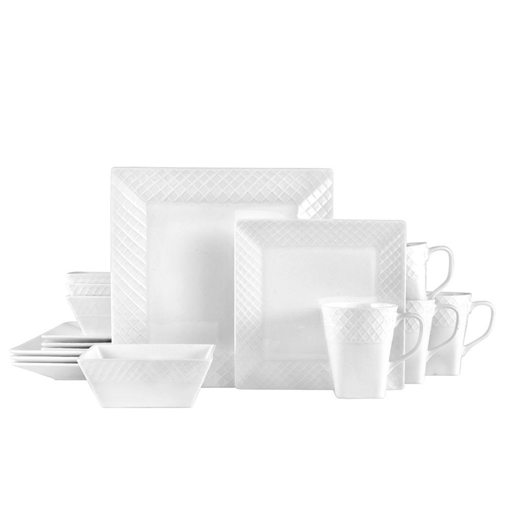 16-Piece White Square Trellis Dinnerware Set - Service for 4, Elegant Table Setting for Everyday Dining & Entertaining