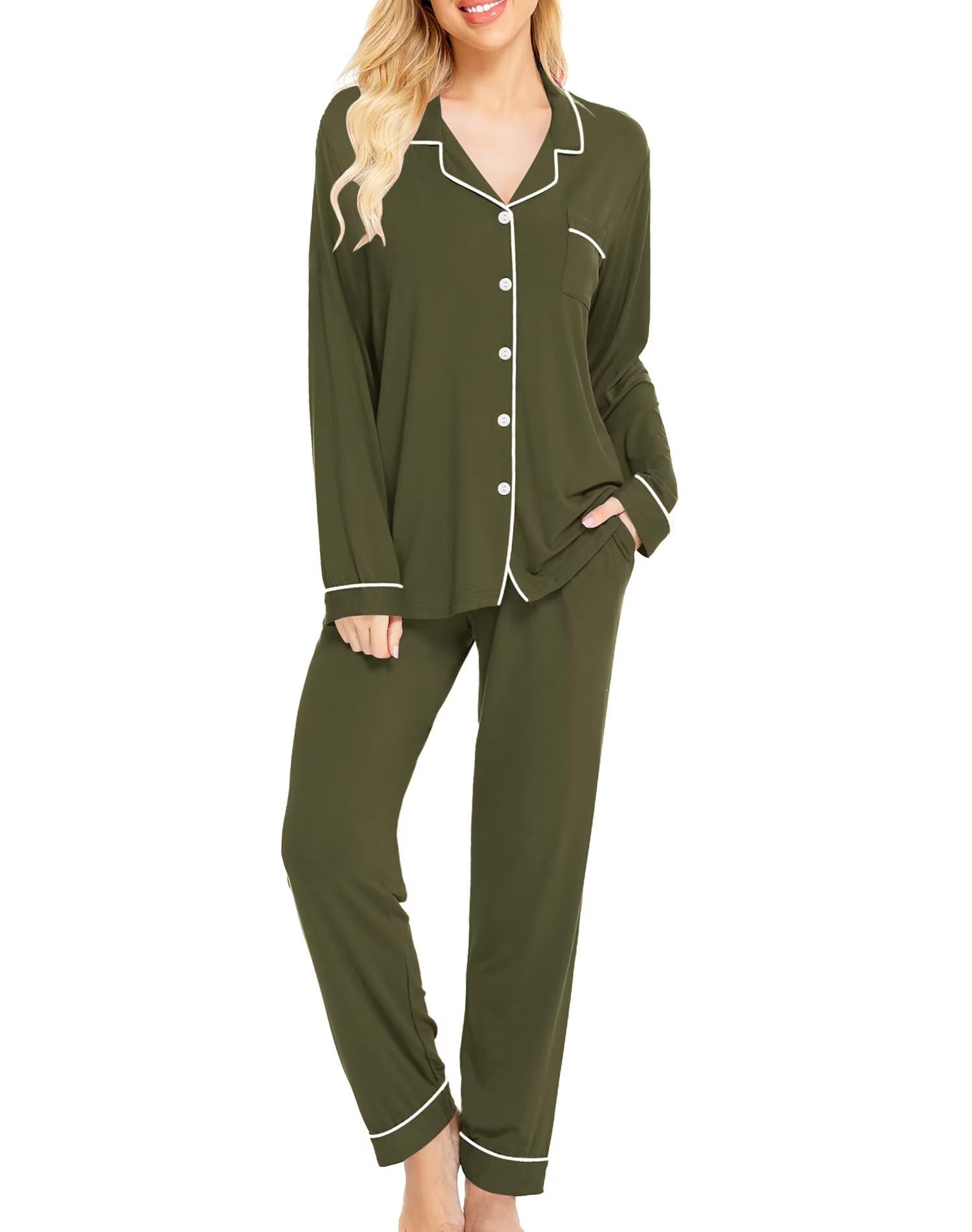 SWOMOG Women's Long Sleeve Pajama Set - Soft Cotton Button Down Sleepwear & Lounge Wear for Nighttime Comfort - Perfect for Sleeping, Relaxing at Home, and Gift Giving