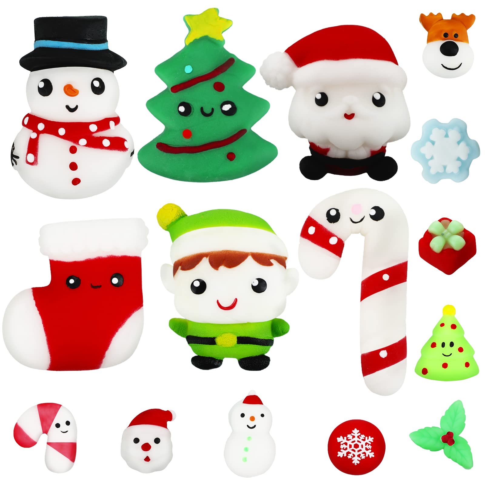 15-Piece Christmas Mochi Toy Set - 6 Large Soft Squishy Toys & 9 Mini Kawaii Stress Relief Toys for Kids | Stocking Stuffers, Party Favors, Xmas Gifts for Boys & Girls | Perfect for Holiday Decor, Classroom Prizes & Sensory Play