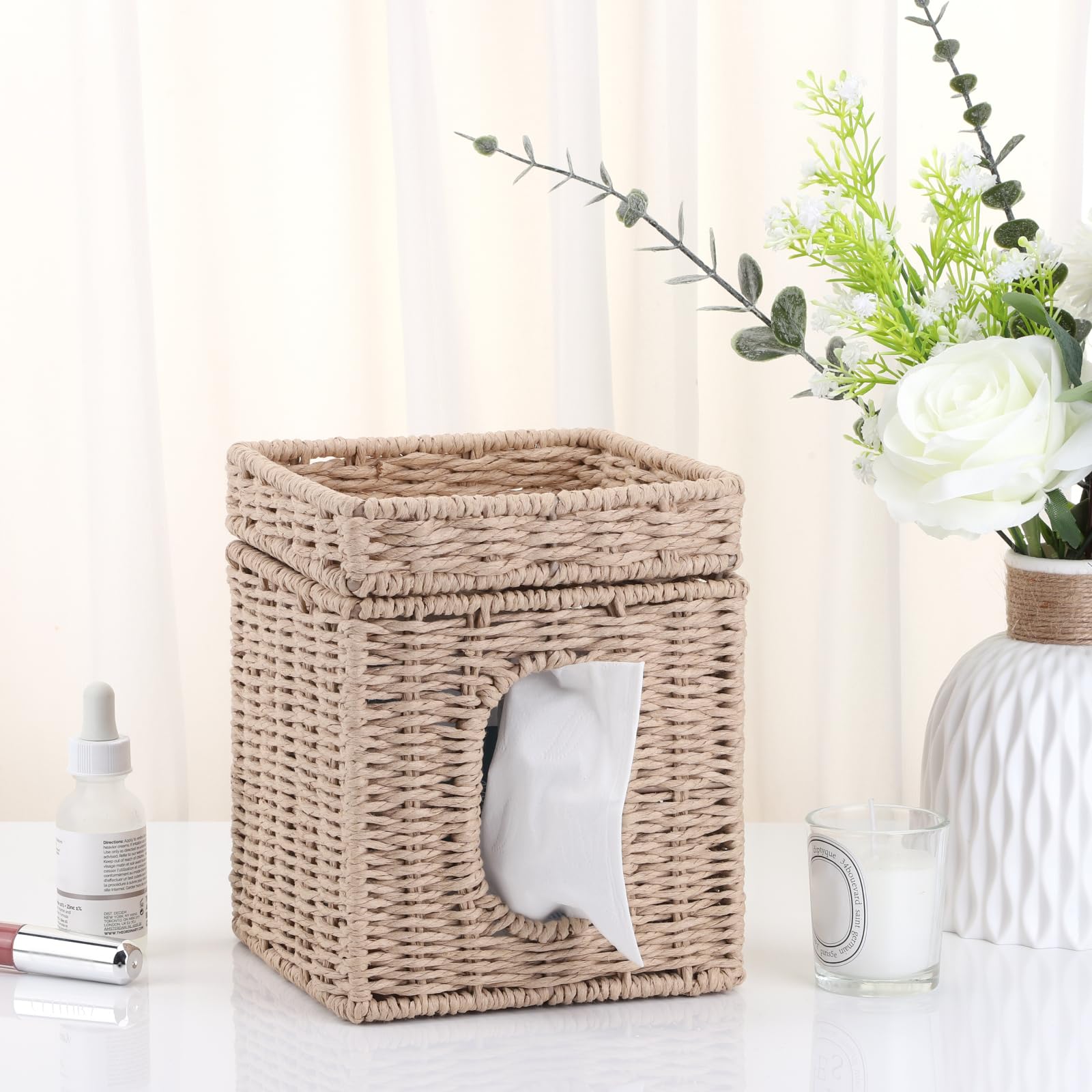 Premium Woven Tissue Box Cover with Storage Tray - 6