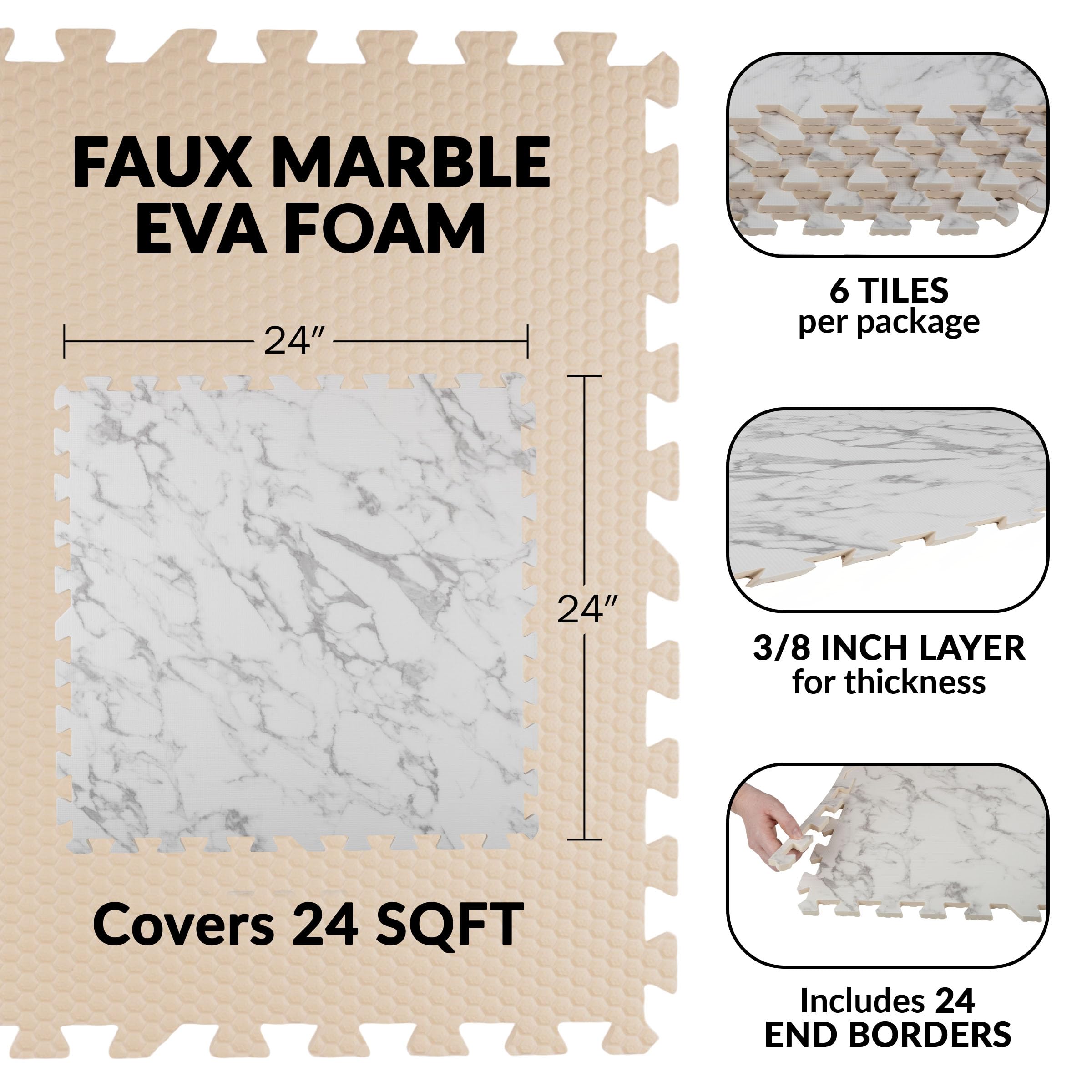 Stalwart EVA Foam Floor Tiles 6-Pack (24 SQFT) - Interlocking Puzzle Exercise Mats for Home Gym, Baby Playroom & Kids Safe Play Area - Non-Slip Faux Marble Design for Workouts & Toddler Protection