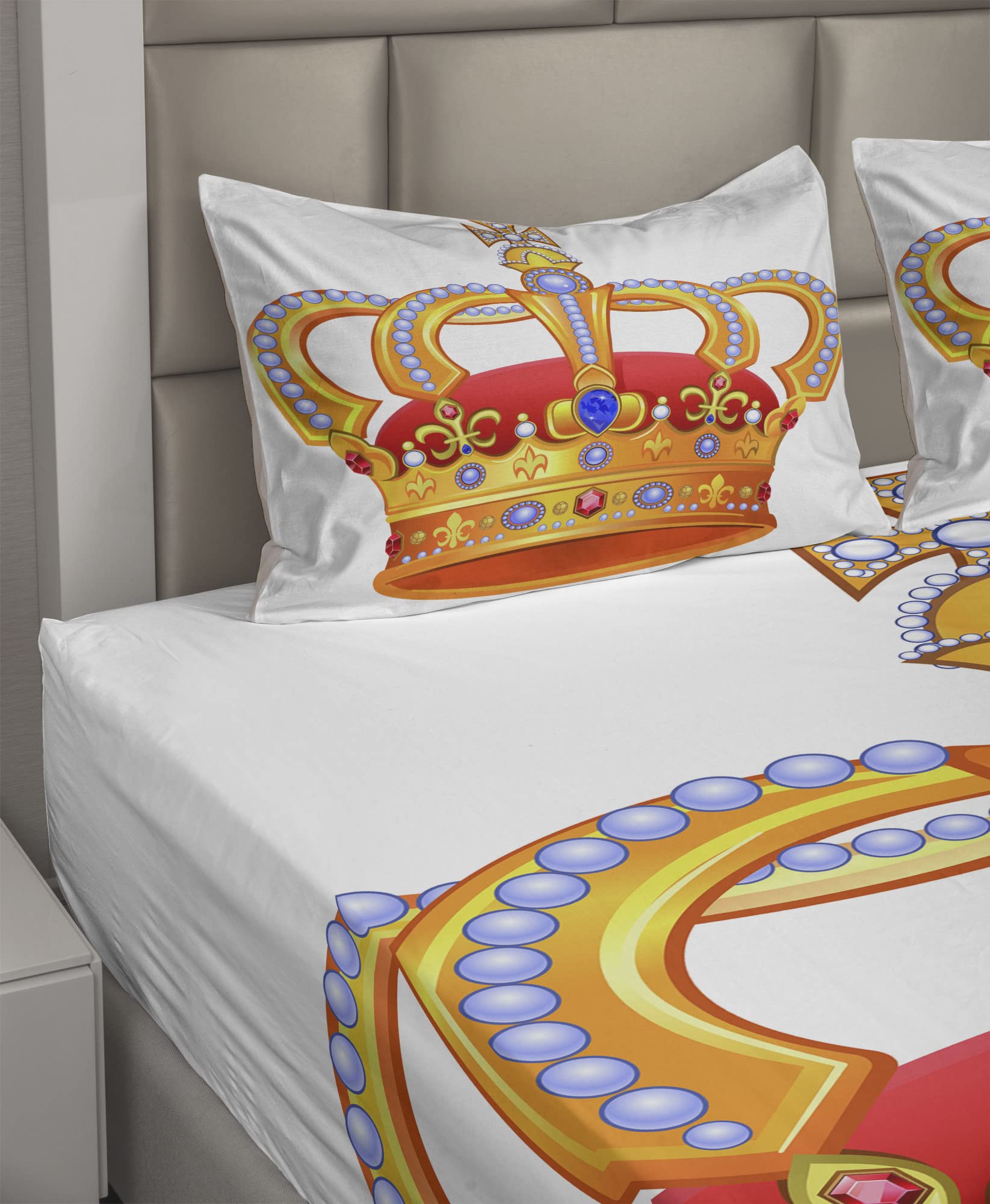 Ambesonne King Size 4-Piece Sheet Set - Royal Crown & Gem Imperial Print, Fitted & Flat Sheets with Pillowcases, Marigold Orange - Luxury Bedding for Master Bedroom, Guest Room & Royal-Themed Decor