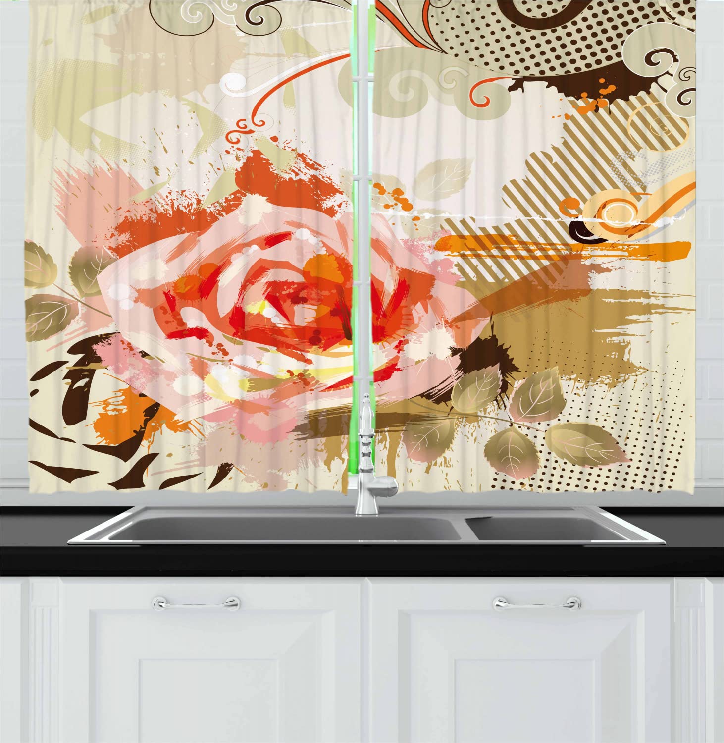 Ambesonne Rose Long Kitchen Curtains - Abstract Floral Retro Drapes with Large Grunge Rose Design, 55