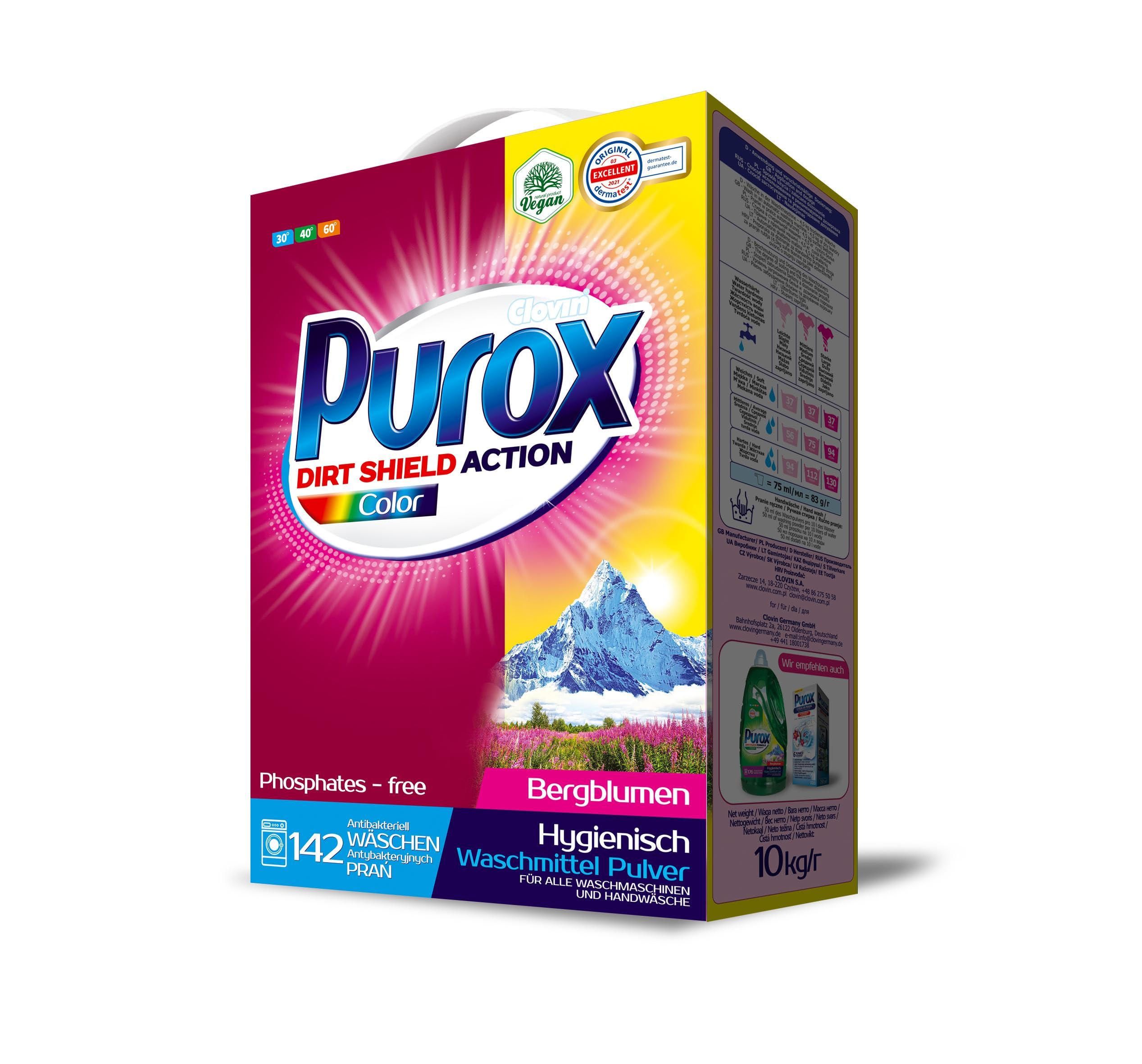 PUROX Color Laundry Detergent Powder in Box (142 WL) 10kg - Powerful Stain Removal for Whites & Colors, Ideal for Family Laundry & Bulk Washing