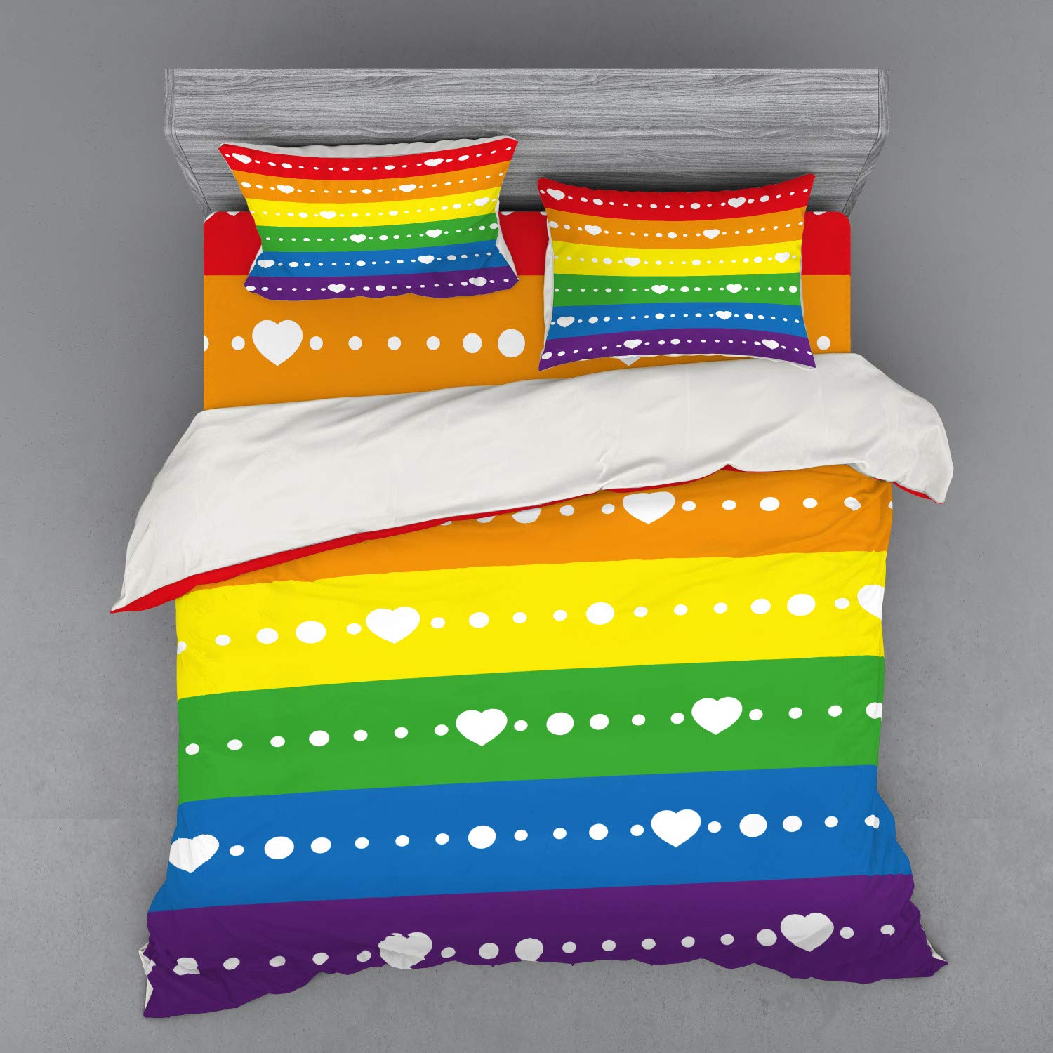 Ambesonne Pride Bedding Set - King Size 4-Piece Duvet Cover with Sham & Fitted Sheet, Rainbow Stripes & Heart Dots LGBTQ+ Design | Perfect for Pride Month, Gay Pride Parade Decor & Colorful Bedroom Makeover