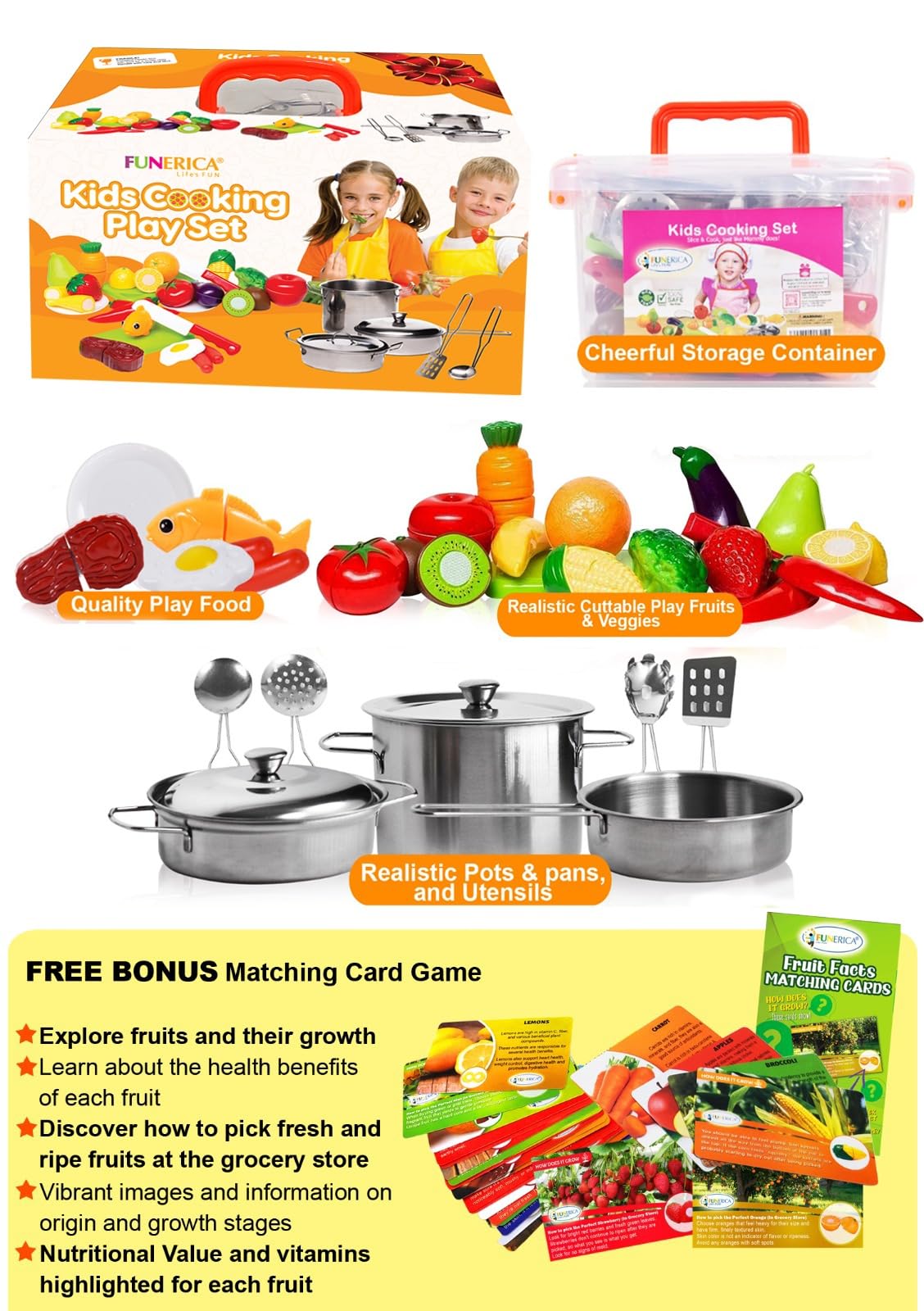 FUNERICA Realistic Stainless Steel Toy Kitchen Set - Pretend Play Food, Pots, Pans & Utensils for Kids | Educational Cooking Toys for Toddlers | Perfect for Imaginative Play & Early Learning