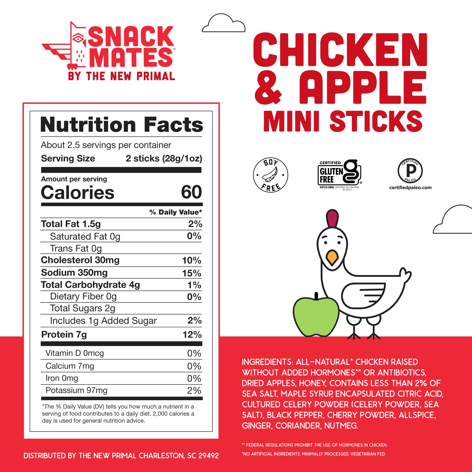 New Primal Snack Mates Chicken & Apple Sticks - Gluten Free, High Protein Healthy Snacks for Kids - 7g Protein, 60 Calories per Stick - Paleo, Keto Friendly Jerky - 40 Pack - Perfect for School Lunches, Hiking & On-the-Go Snacking