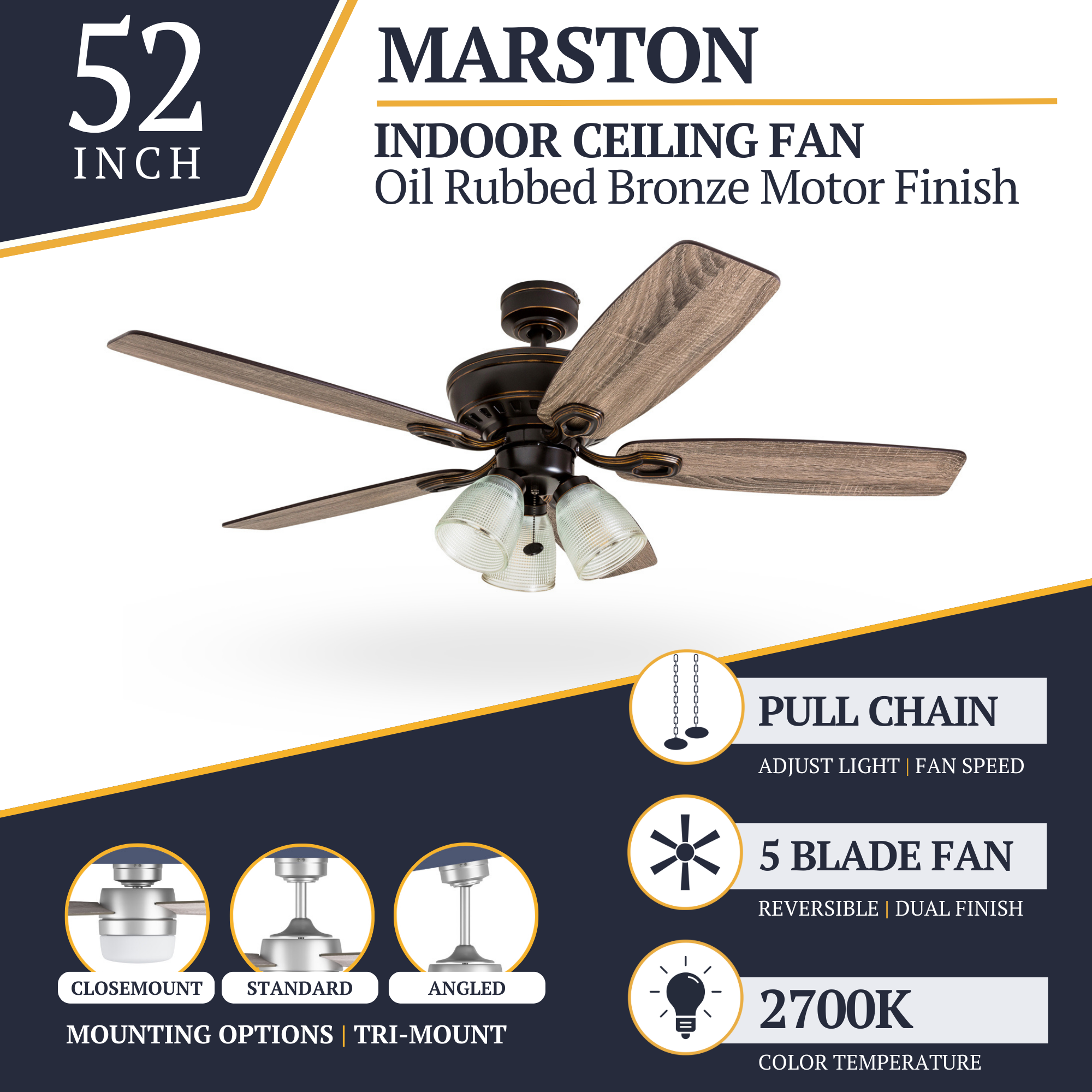 52 Inch Marston Oil Rubbed Bronze Ceiling Fan with Pull Chain - Perfect for Living Room, Bedroom & Outdoor Patio Cooling