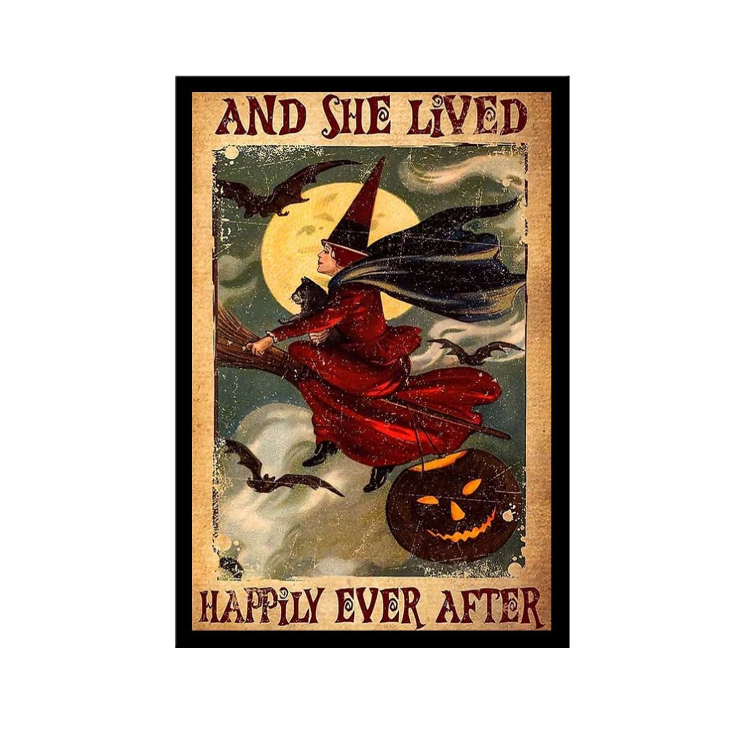 Halloween Witch Riding Broom Wall Art Print - 8x12 Inch Black Metal Framed Poster - Gothic Home Decor for Living Room, Bedroom & Office