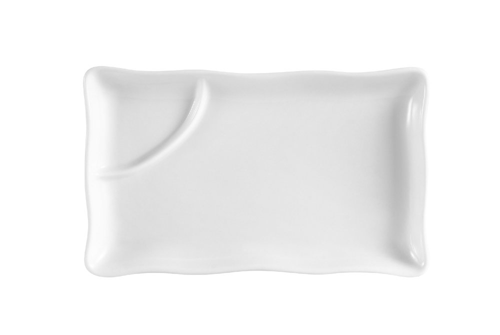 Premium 8x5-Inch Porcelain Rectangular Plate with Triangular Sauce Compartment - Super White Clinton Rolled Edge Design - Set of 24 - Ideal for Restaurants, Catering & Elegant Dinner Parties