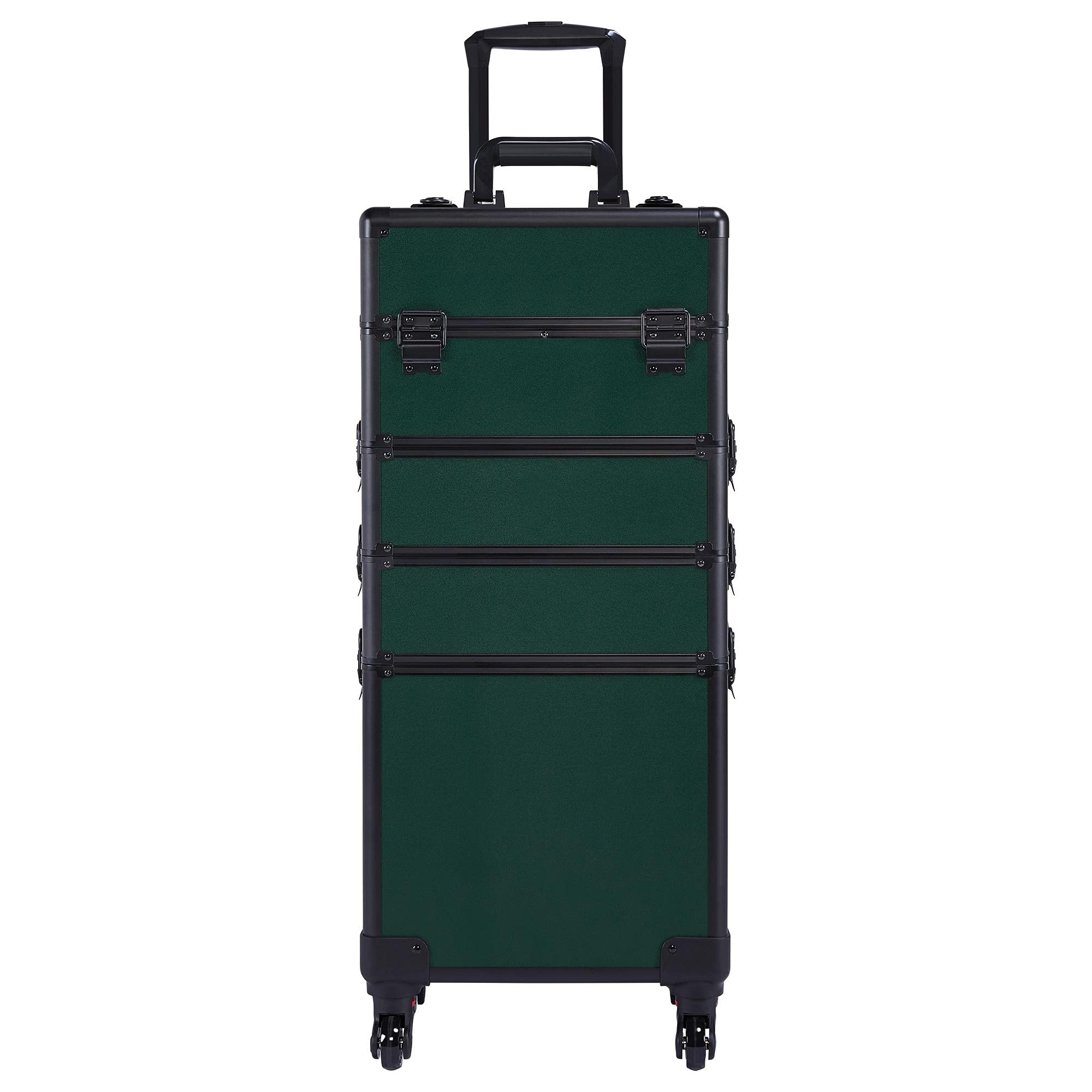 Topeakmart Large 4-in-1 Professional Rolling Makeup Train Case - Cosmetic Storage Organizer with Folding Trays, Wheels & Aluminum Frame (Dark Green) | Perfect for Travel, Salon Professionals & Makeup Artists