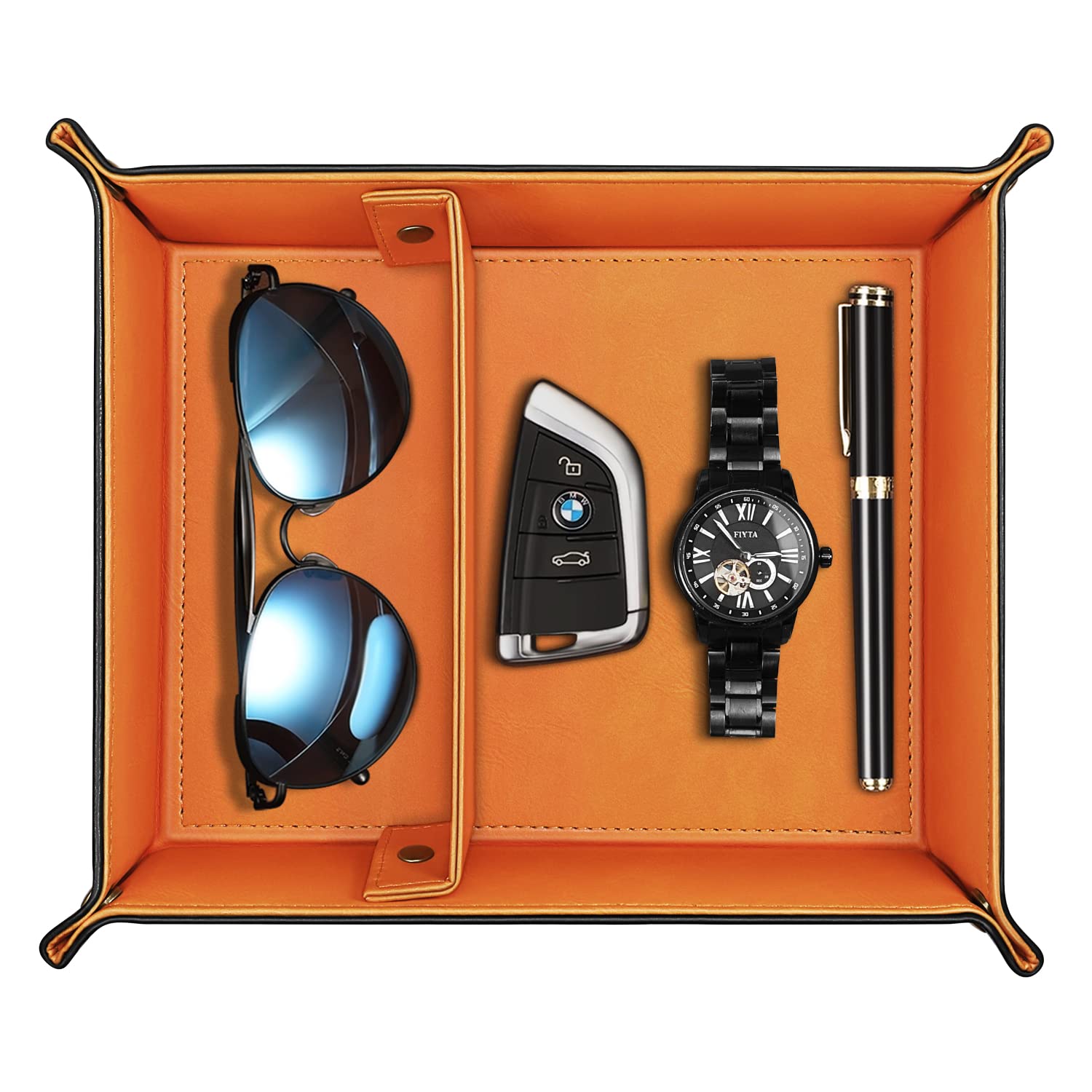SITHON Valet Tray - 2 Compartment Desktop Organizer with Removable Dividers | Bedside Catchall Tray for Jewelry, Keys & Essentials | Nightstand & Vanity Storage Solution | Orange Desk Accessory for Home & Office Organization