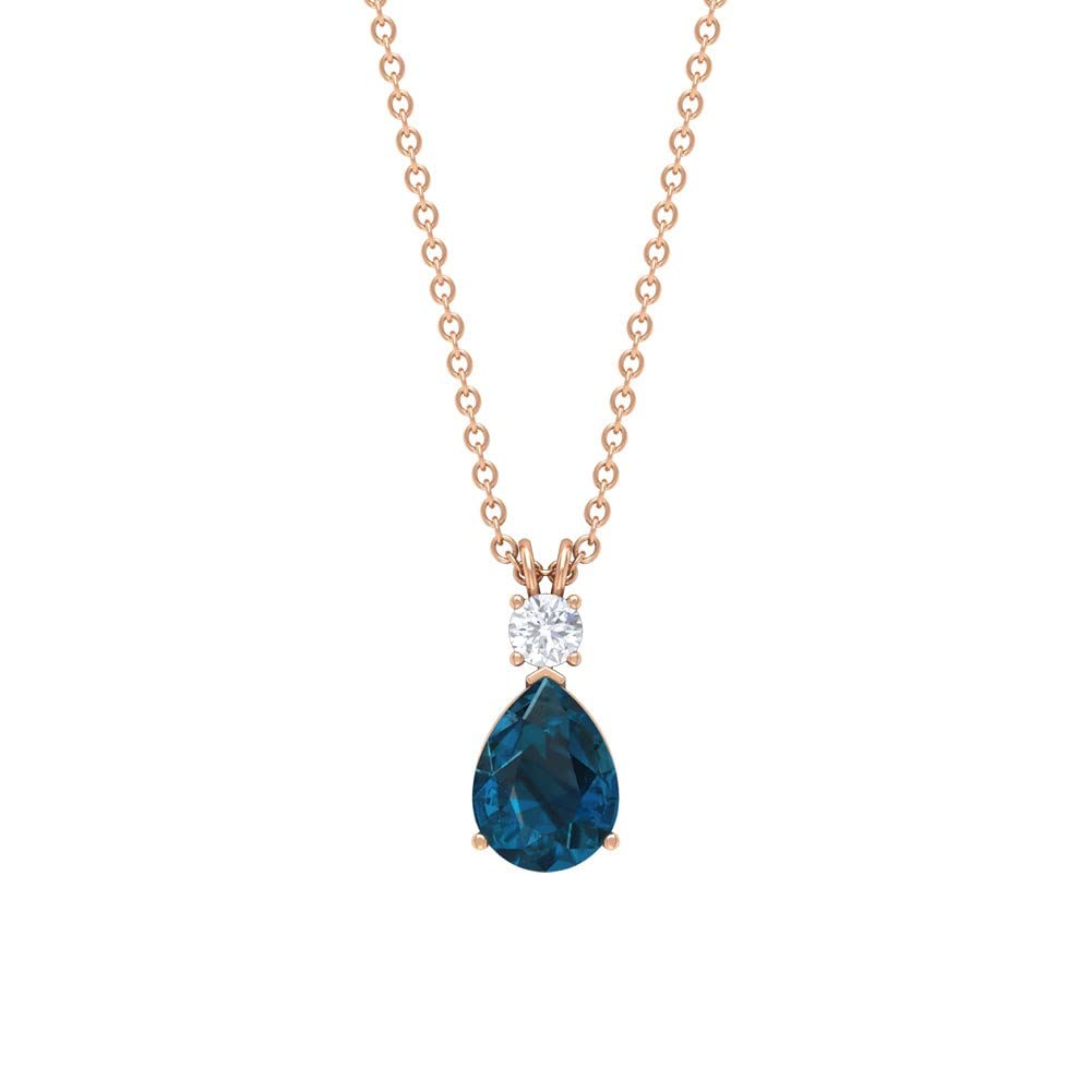 7X9 MM Pear Cut Natural London Blue Topaz & Moissanite Pendant in 14K Solid Gold – Elegant Minimalist Teardrop Necklace for Women, Perfect for Weddings, Anniversaries & Special Occasions
