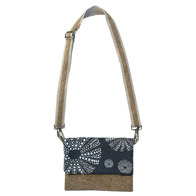 Eco-Friendly Cork Fabric Fold Over Clutch Bag - Kina White on Blue & Dark Grey | Handmade by Jo Luping | Perfect for Travel, Work & Evening Events