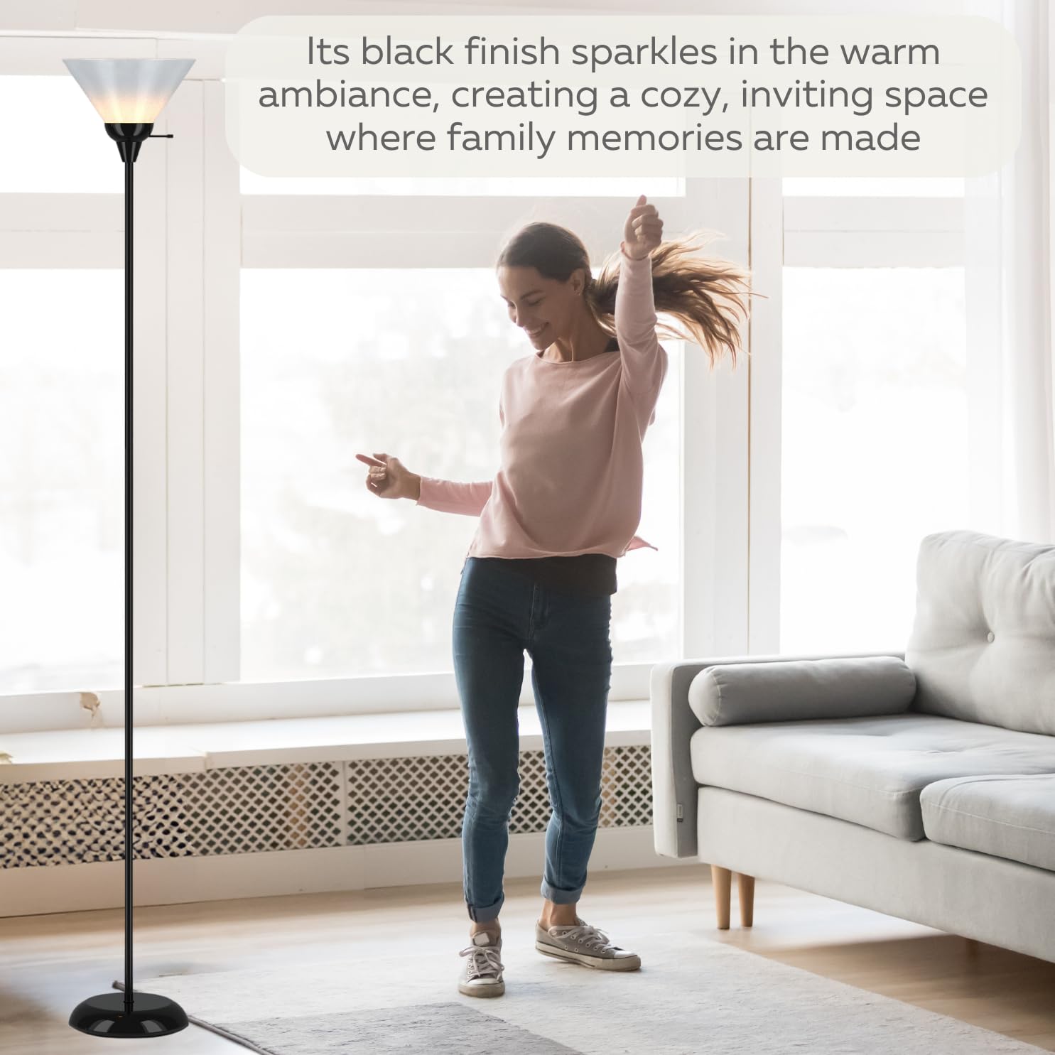 LIGHTACCENTS Modern Black Floor Lamp with Opal White Plastic Cone Shade - Perfect for Living Room, Bedroom & Office Lighting Decor