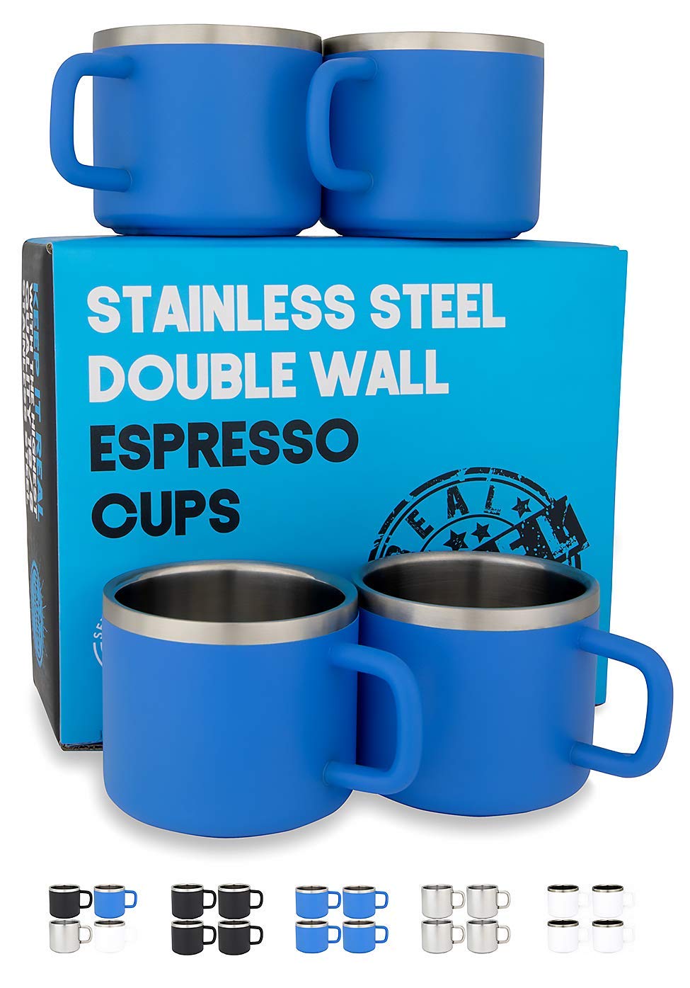 Premium Stainless Steel Espresso Cups Set of 4 - 3oz Double Wall Insulated Blue Demitasse Cups with Handle, Shatterproof & Heat Resistant - Perfect for Home Coffee Bars, Cafés & Gifts