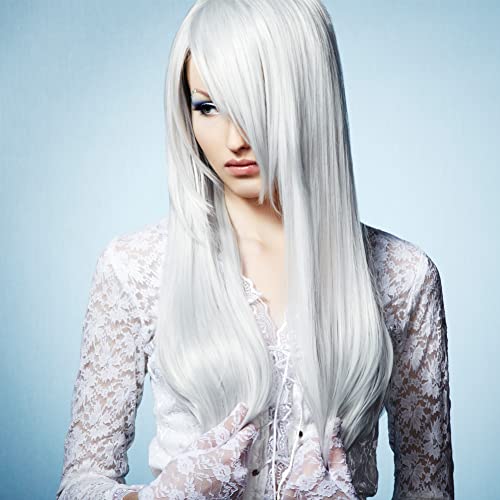 FUHSI Platinum Blonde 13×4 Lace Front Wig - Long Straight Synthetic Hair with Natural Hairline for Women | Perfect Fit for Cosplay, Parties & Daily Wear
