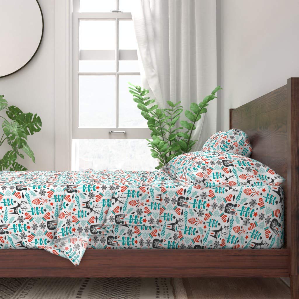100% Cotton Twin 3-Piece Sheet Set - Hygge Holiday Swedish Folk Christmas Scandinavian Winter Deer Print Bedding | Soft & Breathable Custom Bed Sheets for Cozy Winter Nights