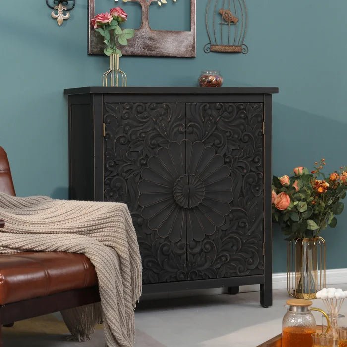 Hand Carved Black Wooden Sideboard Cabinet - Natural Solid Wood Buffet Storage for Dining Room, Living Room & Entryway