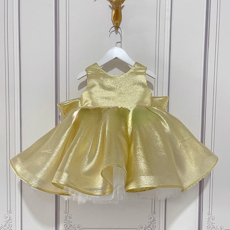 Gold Shiny Sleeveless Bow Knot Pageant Princess Dress for Baby Girls - Perfect for Birthday Parties, Pageants, and Special Occasions