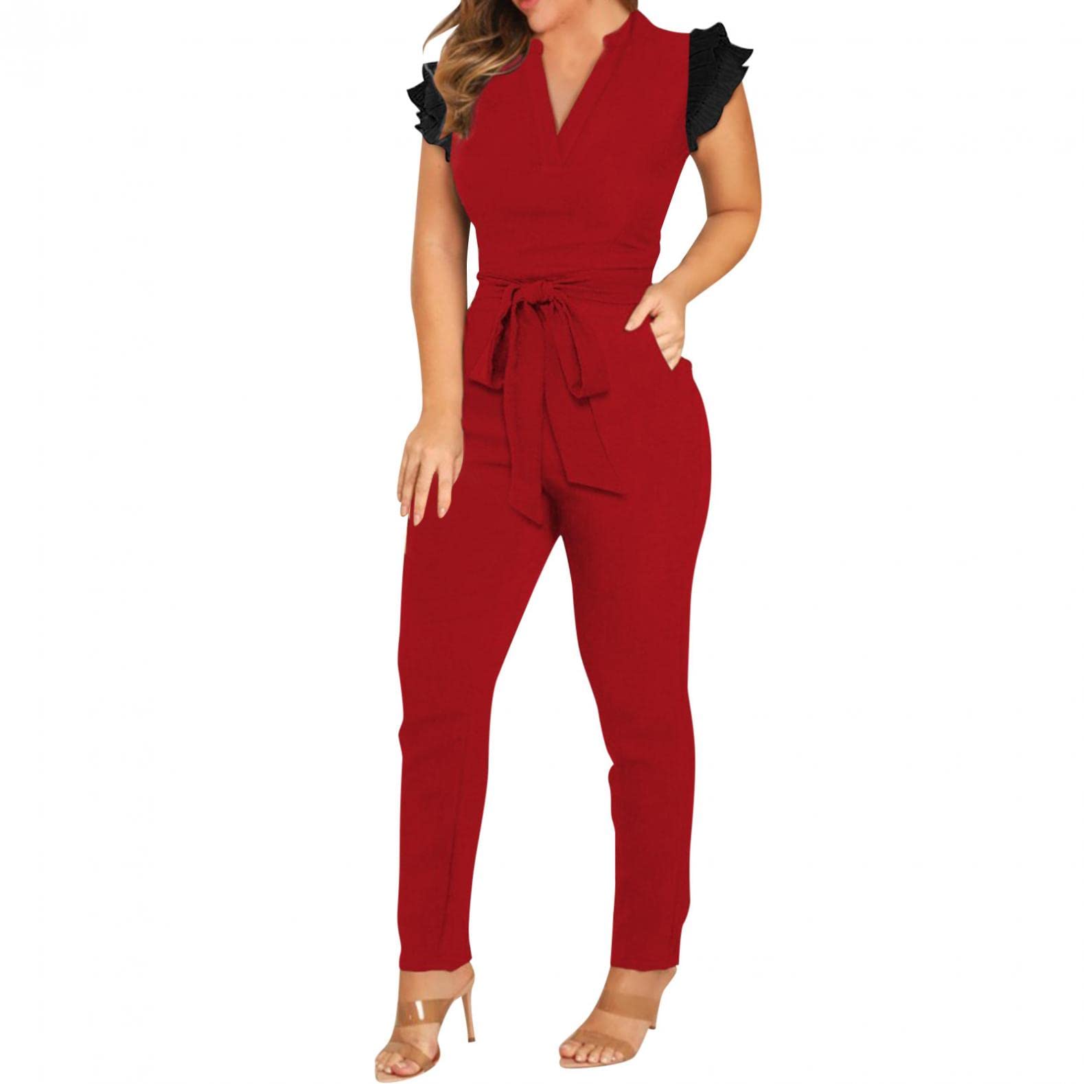 Women's Casual Summer V-Neck Sleeveless Jumpsuit with Belt & Pockets - Slim Romper Wide Leg Overalls for Daily Wear, Beach Outings & Vacation Outfits