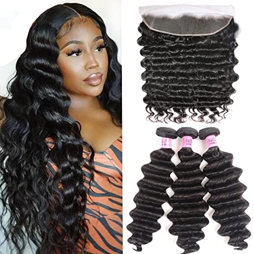 UNice Brazilian Loose Deep Wave Human Hair Bundles (3pcs) with 13x4 Lace Frontal - 100% Virgin Unprocessed Hair Extensions in Natural Colors (16