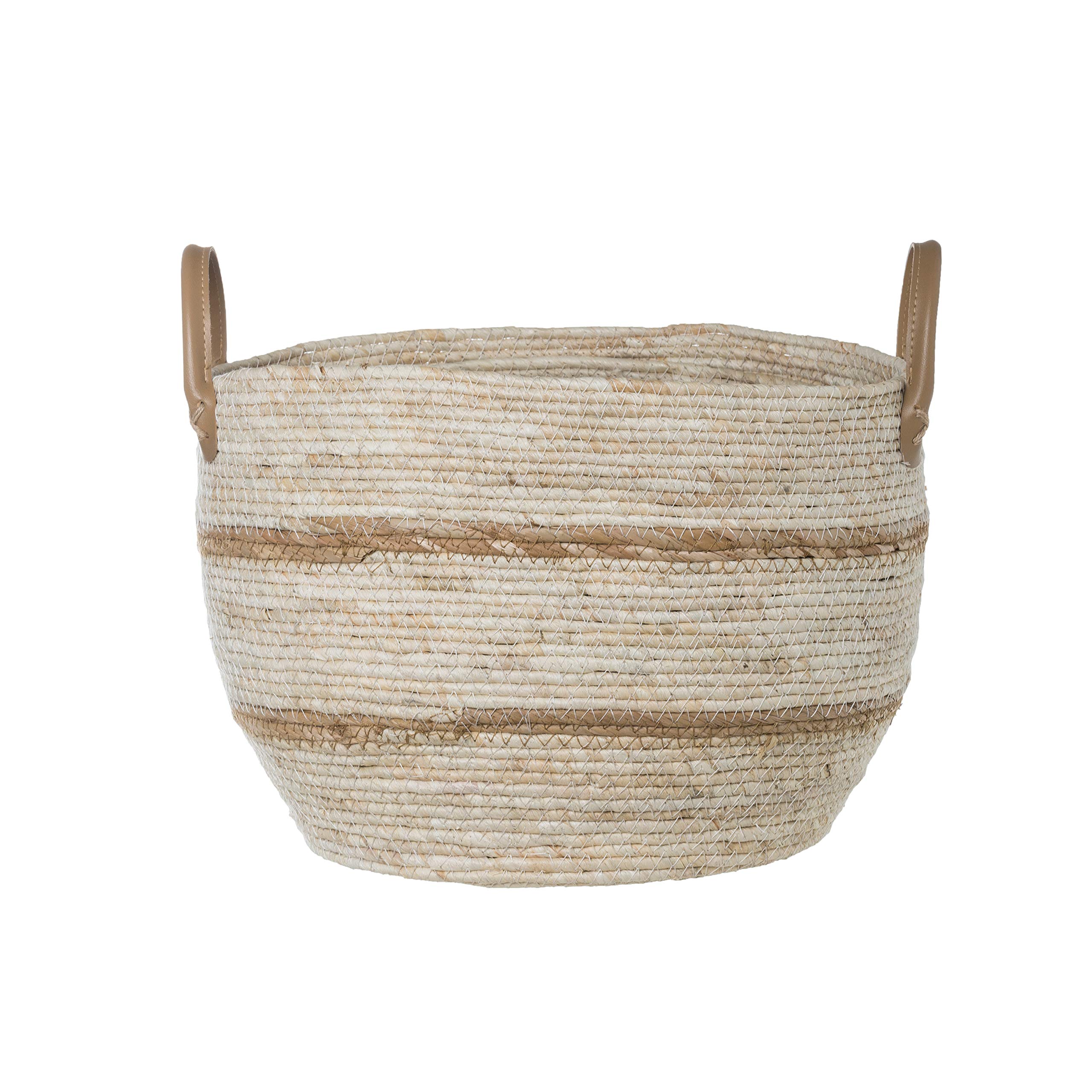 Creative Co-Op Set of 3 Beige & Brown Wicker Storage Baskets with Leather Handles - Small Medium Large Sizes for Home Organization, Bathroom, Bedroom & Office Decor