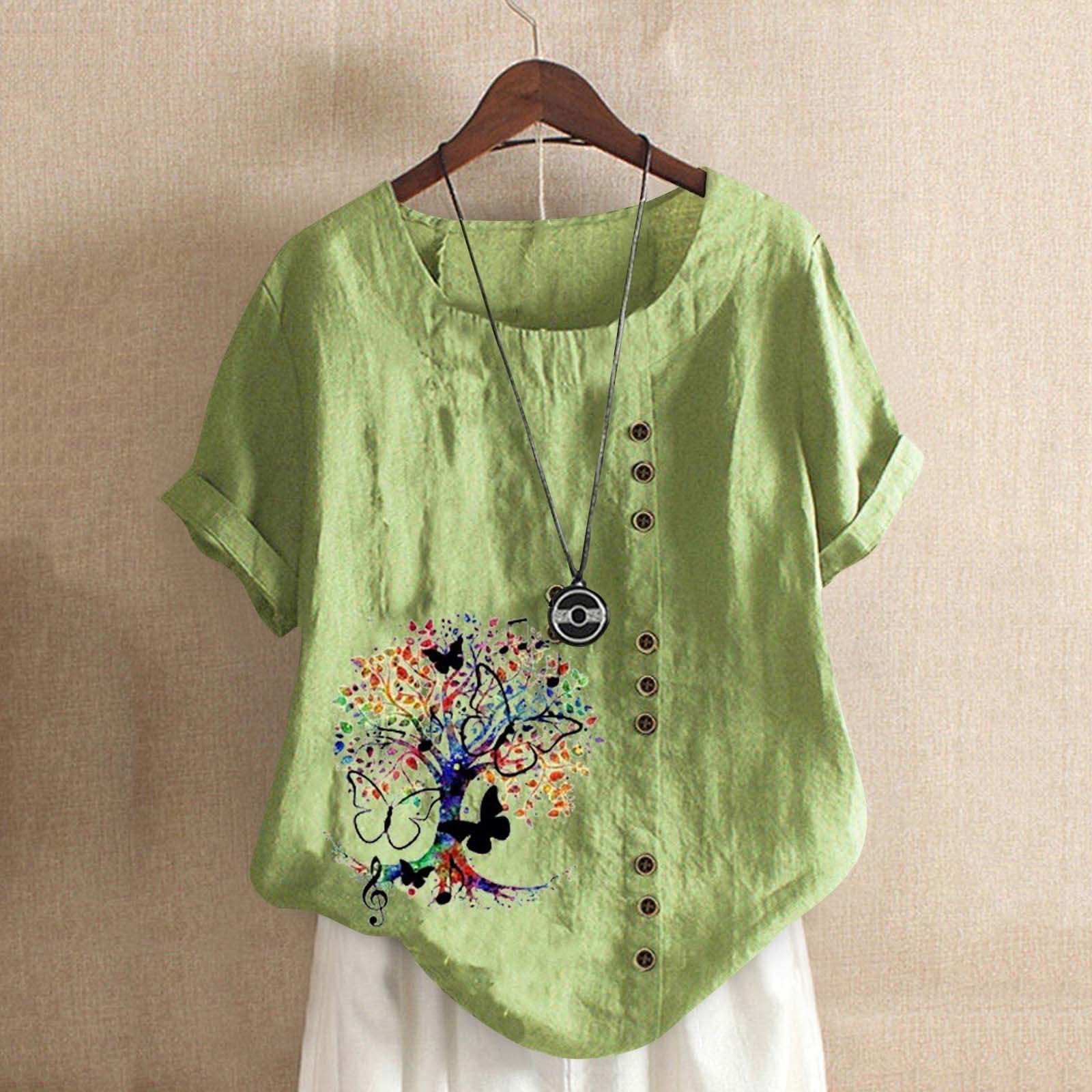 Women's Floral Printed Cotton Linen Short Sleeve Blouse - Summer Casual Loose Fit Tunic Top for Women | Comfortable & Breathable for Outdoor, Office & Vacation Wear